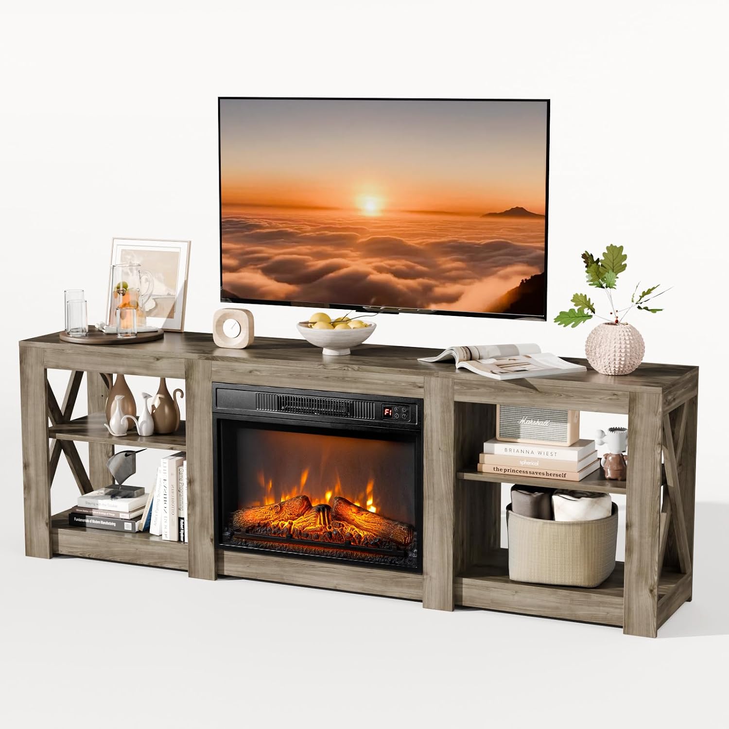 Bonnlo Fireplace TV Stand for TVs up to 80', Rustic Farmhouse Entertainment Center with Electric Heater & Adjustable Shelves, TV Console with Fireplace for Living Room, Gray Oak