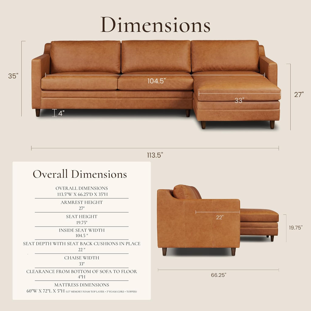 Poly & BARK Harper Right-Facing Leather Sleeper Sectional Sofa Cognac Tan– Full-Grain Aniline Leather, Sculptural Silhouette, Walnut-Finished Legs – Modern Statement Sofa for Living Spaces
