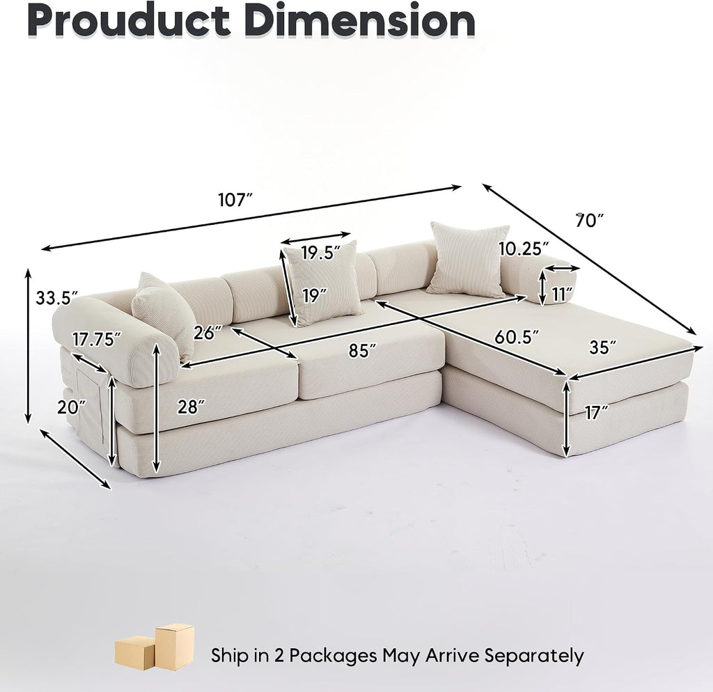 L Shaped Modular Sofa Bed with Cylindrical Pillow & Reversible Chaise, Corduroy Folding Floor Convertible Sofa Couch Bed with Fixed-Shape Frame & Storage Pocket for Living Room, Beige