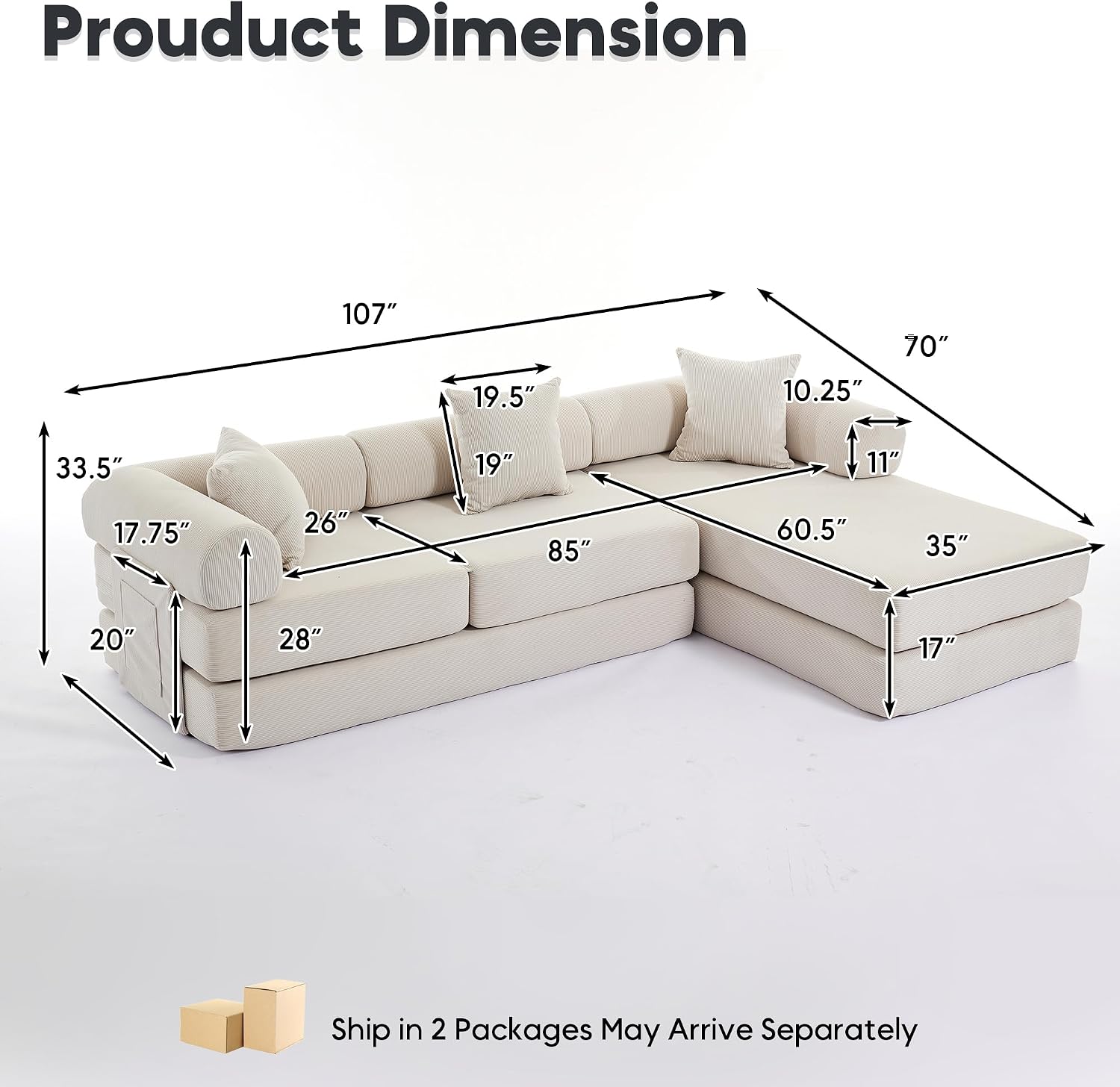 L Shaped Modular Sofa Bed with Cylindrical Pillow & Reversible Chaise, Corduroy Folding Floor Convertible Sofa Couch Bed with Fixed-Shape Frame & Storage Pocket for Living Room, Beige
