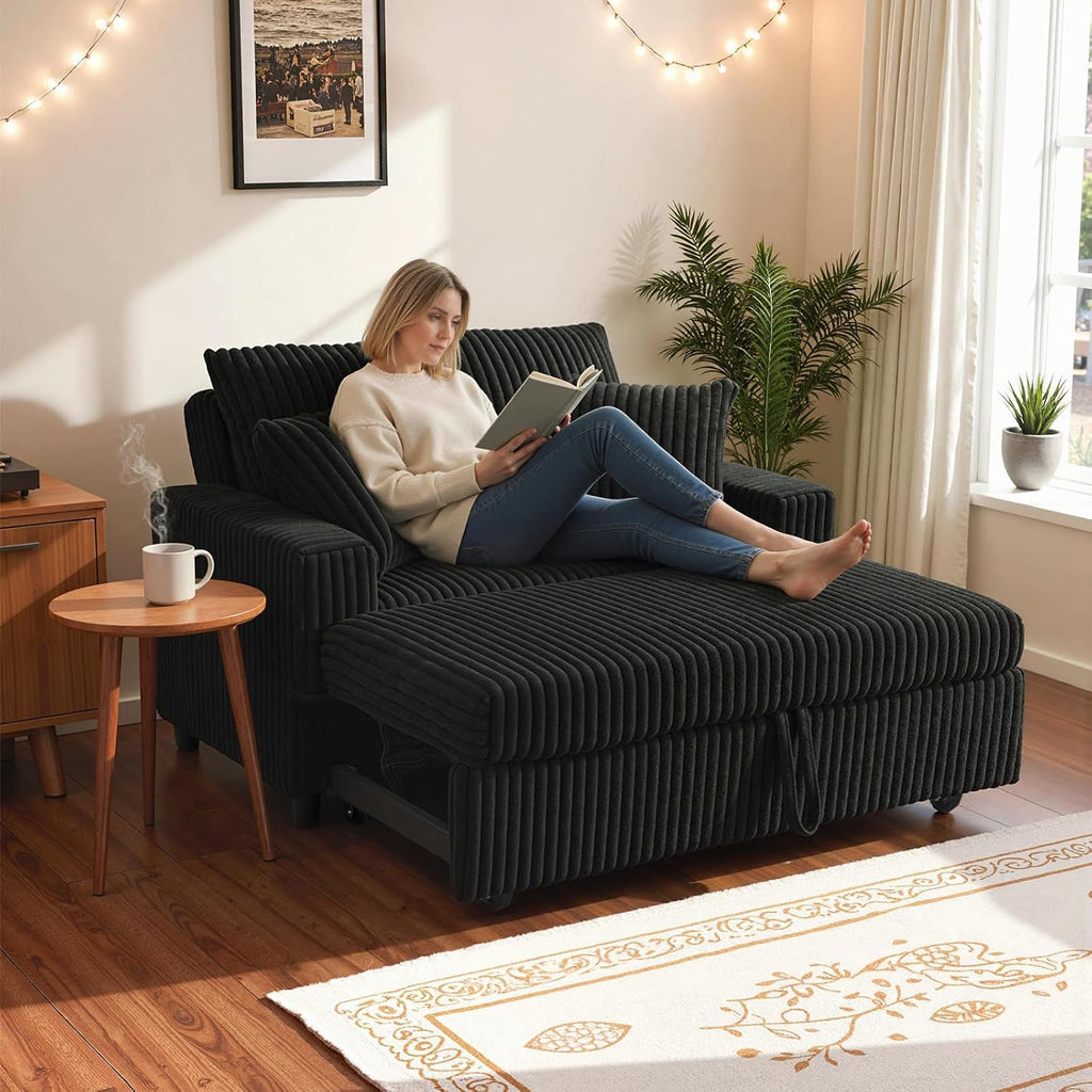 3 in 1 Convertible Sofa Bed，52.8' Pull Out Couch with Side Pockets，Modern Corduroy Fabric Loveseat Sleeper Sofa with Adjustable Backrest for Living Room Bedroom Apartment (Black Corduroy)