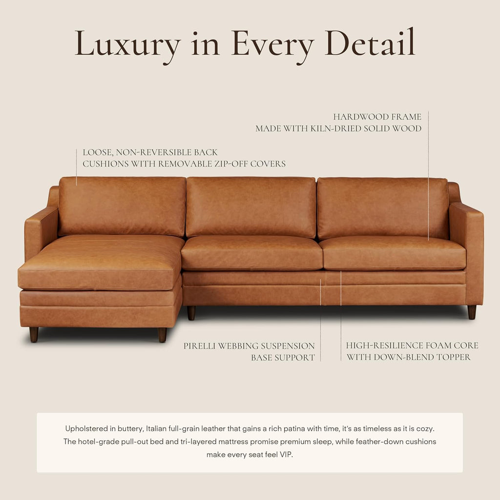Poly & BARK Harper Left-Facing Leather Sleeper Sectional Sofa Cognac Tan– Full-Grain Aniline Leather, Sculptural Silhouette, Walnut-Finished Legs – Modern Statement Sofa for Living Spaces