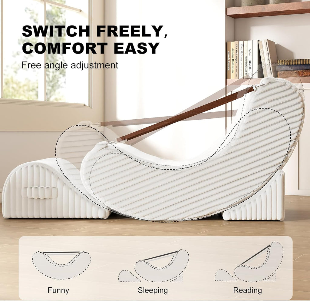 3-in-1 Adjustable Zero Gravity Floor Chair, Oversized Corduroy Boneless Chair for Adults with Memory Foam & Washable Cover, Silent Rocker Recliner Lounge Chair for Reading, Nursing, Gaming, White