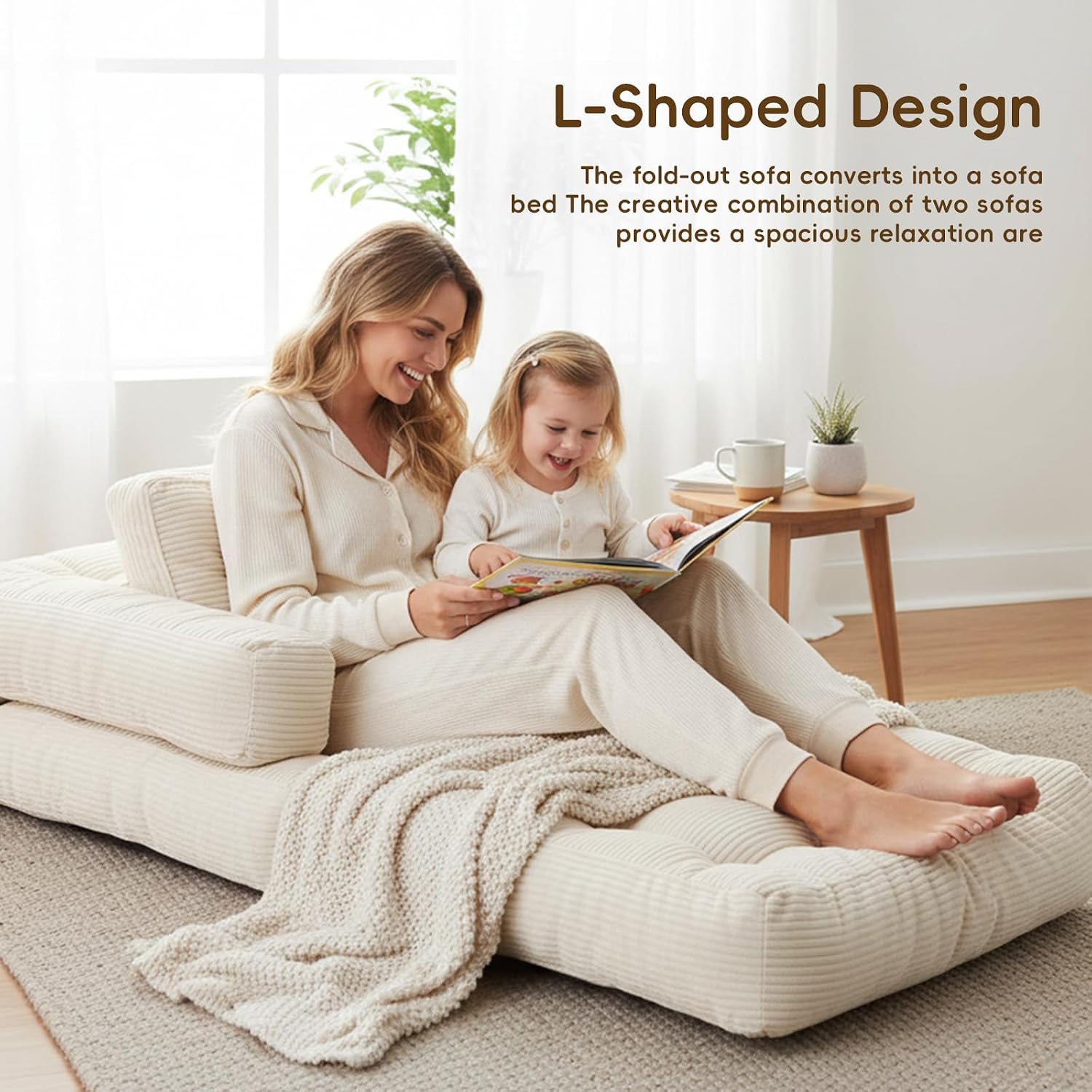 Folding Sofa Bed, L-Shaped Convertible Sleeper Chair Bed Mattress for Adults with Pillow, Foam Foldable Floor Lounge Couch Beds with Armrest for Living Room Bedroom Apartment Small Space, Beige