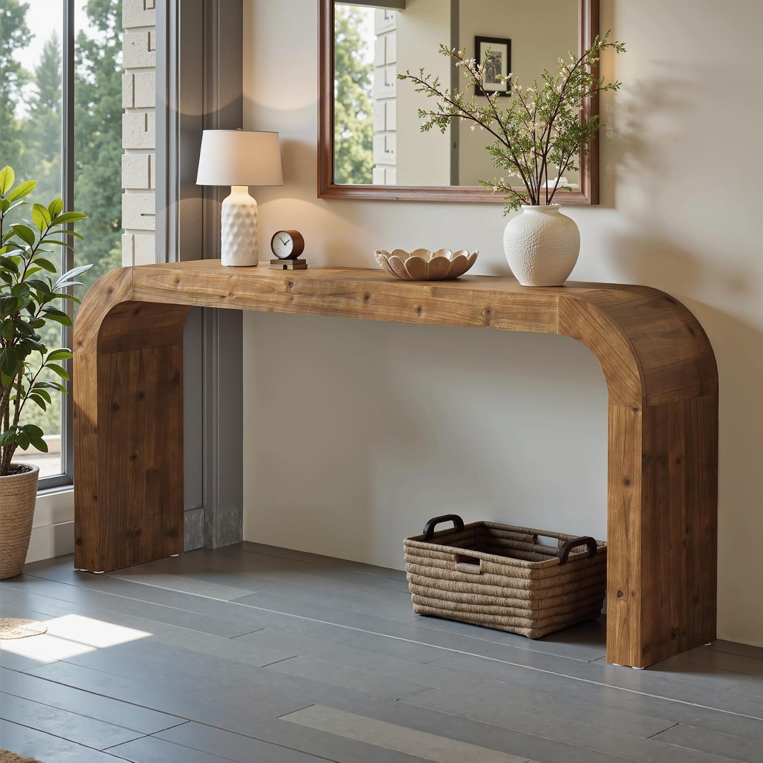 Solid Wood Console Table, 70.87-Inch Farmhouse Sofa Table with Waterfall Curved Corners for Hallway, Living Room, Behind Couch, Entrance (Natural Wood)