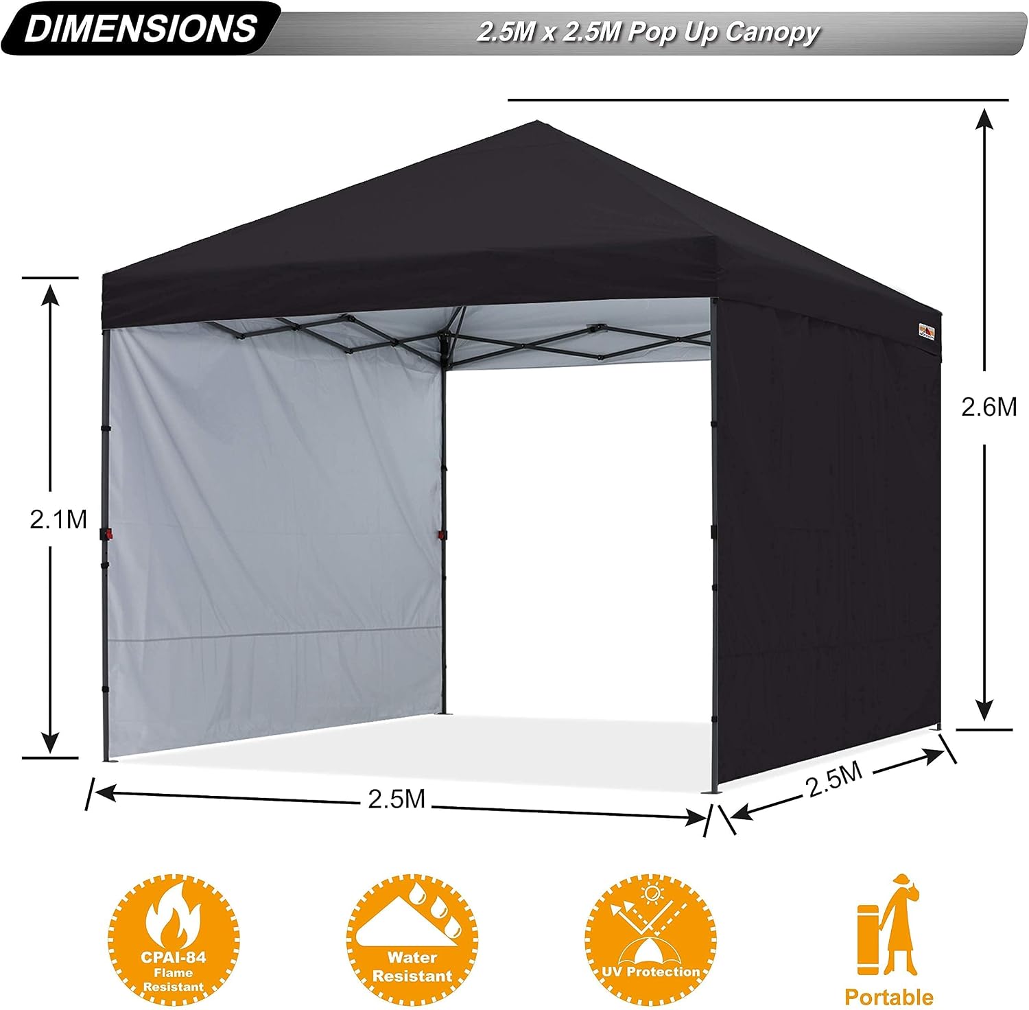 ABCCANOPY Easy Pop up Canopy Tent with 2 Sidewalls for Outdoor Sun Blocking or Rain Protection, 8x8, Black