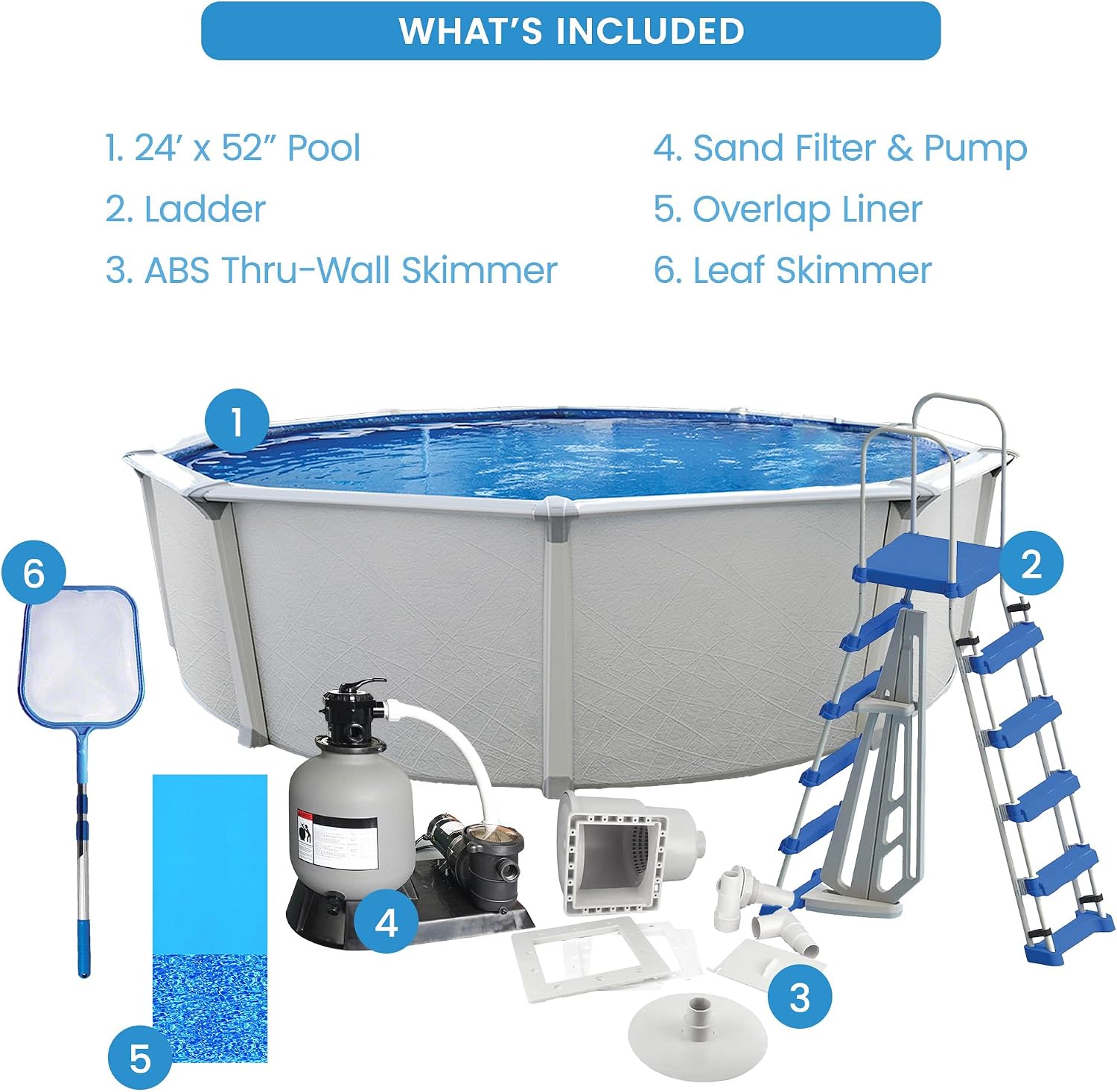 Aquarian Steel-Frame Above-Ground Pool Kit w/Pump & Leaf Skimmer, Fuzion, 24'