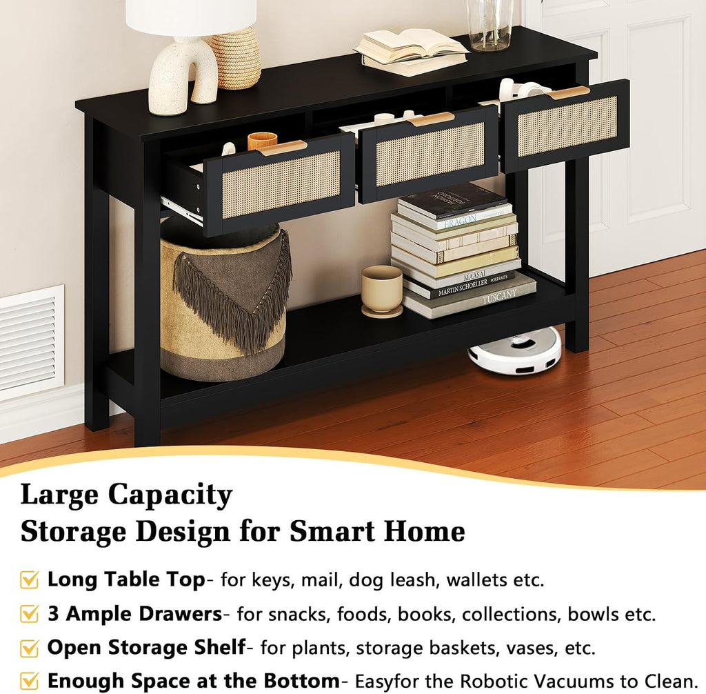 Luoxiao Entryway Table, 47' Rattan Console Tables with 3 Drawers, Narrow Hallway Table for Entryway with Storage Shelf, Slim Sofa Table Behind Couch, Modern Black Foyer Entry Way Table, Easy Assembly