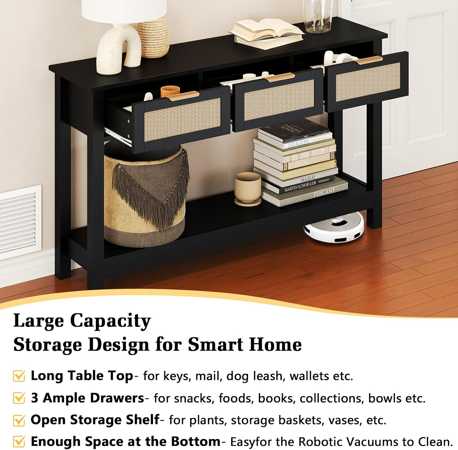 Luoxiao Entryway Table, 47' Rattan Console Tables with 3 Drawers, Narrow Hallway Table for Entryway with Storage Shelf, Slim Sofa Table Behind Couch, Modern Black Foyer Entry Way Table, Easy Assembly