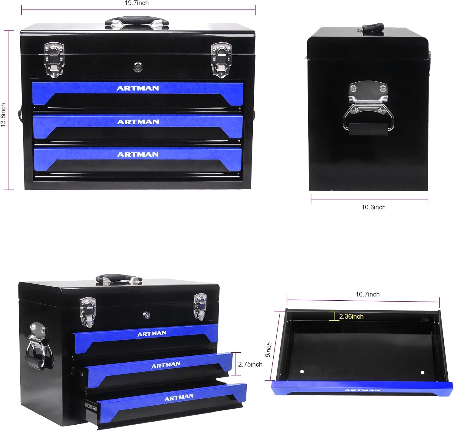 439 Piece Mechanics Tool Set, 3 Drawer Heavy Duty Metal Box with Household Tool Kit, Portable Tool Organizer Case for Auto Repair, Garage, Warehouse, Workshop, Repair Shop (Blue & Black)