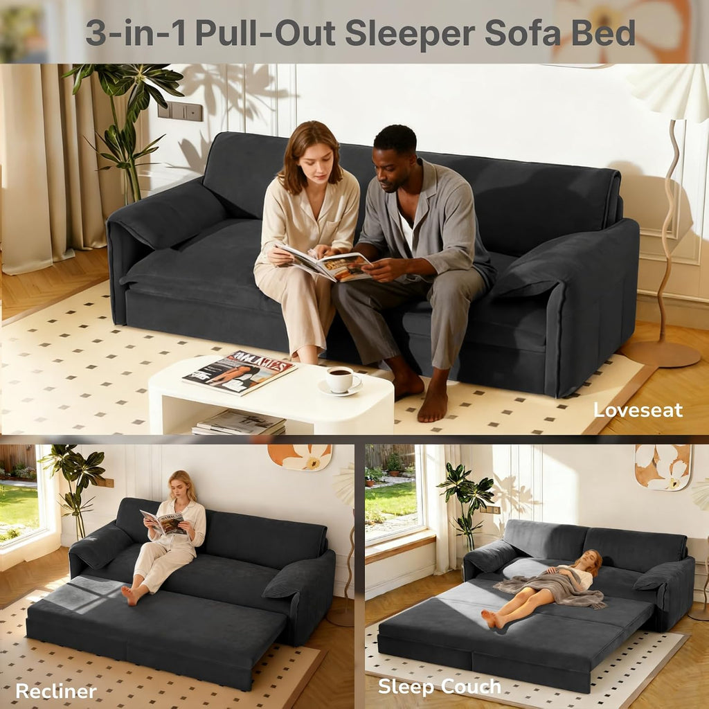 66' Convertible Pull-Out Couch Bed, Velvet 3-in-1 Queen-Size Sleeper Sofa with Storage Side Pockets, Sleeper Loveseat for Apartments, Living Rooms, Offices, RV