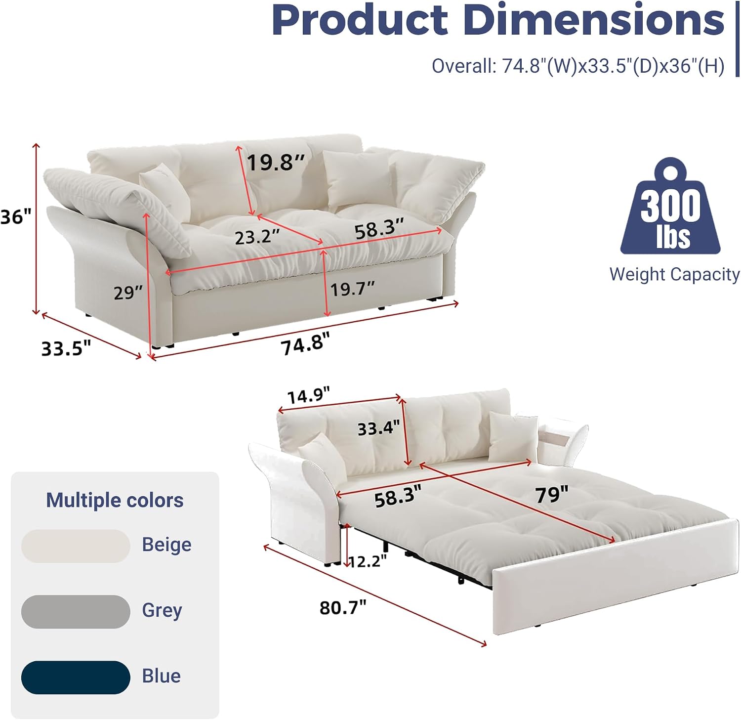 74.8' Queen Size Sleeper Sofa with Pull Out Bed, 3-in-1 Convertible Loveseat Sofa with 2 Pillows, Portable Pull Out Chaise for Living Room Apartment Small Spaces, Beige