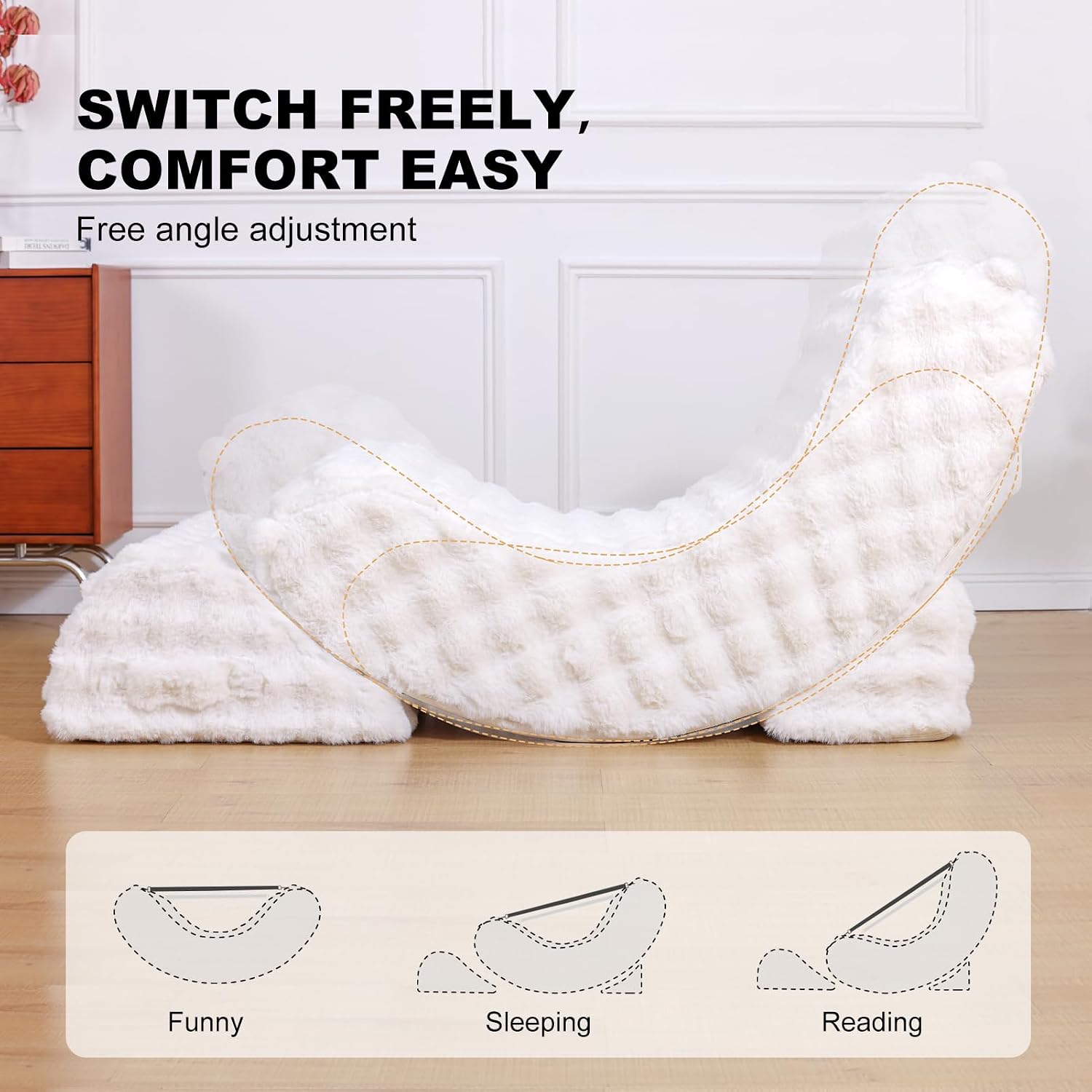 3-in-1 Adjustable Zero Gravity Floor Chair, Oversized Faux Fur Boneless Chair for Adults with Memory Foam & Washable Cover, Silent Rocker Recliner Lounge Chair for Reading, Nursing, Gaming, WhiteGrid