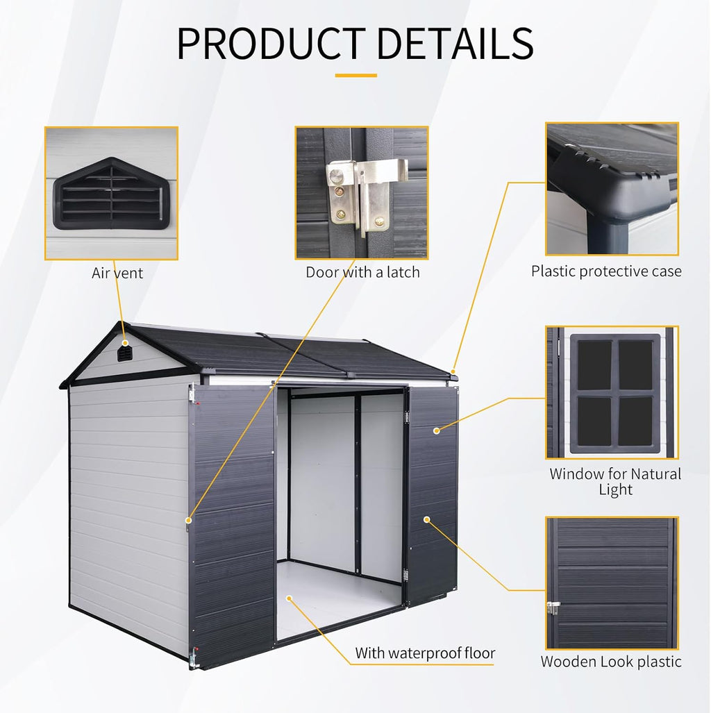 8x6FT Storage-Shed Outdoor-Resin with-Floor - Tool Shed Waterproof with Lockable Door 2 Windows for Backyard Garden Patio Lawn