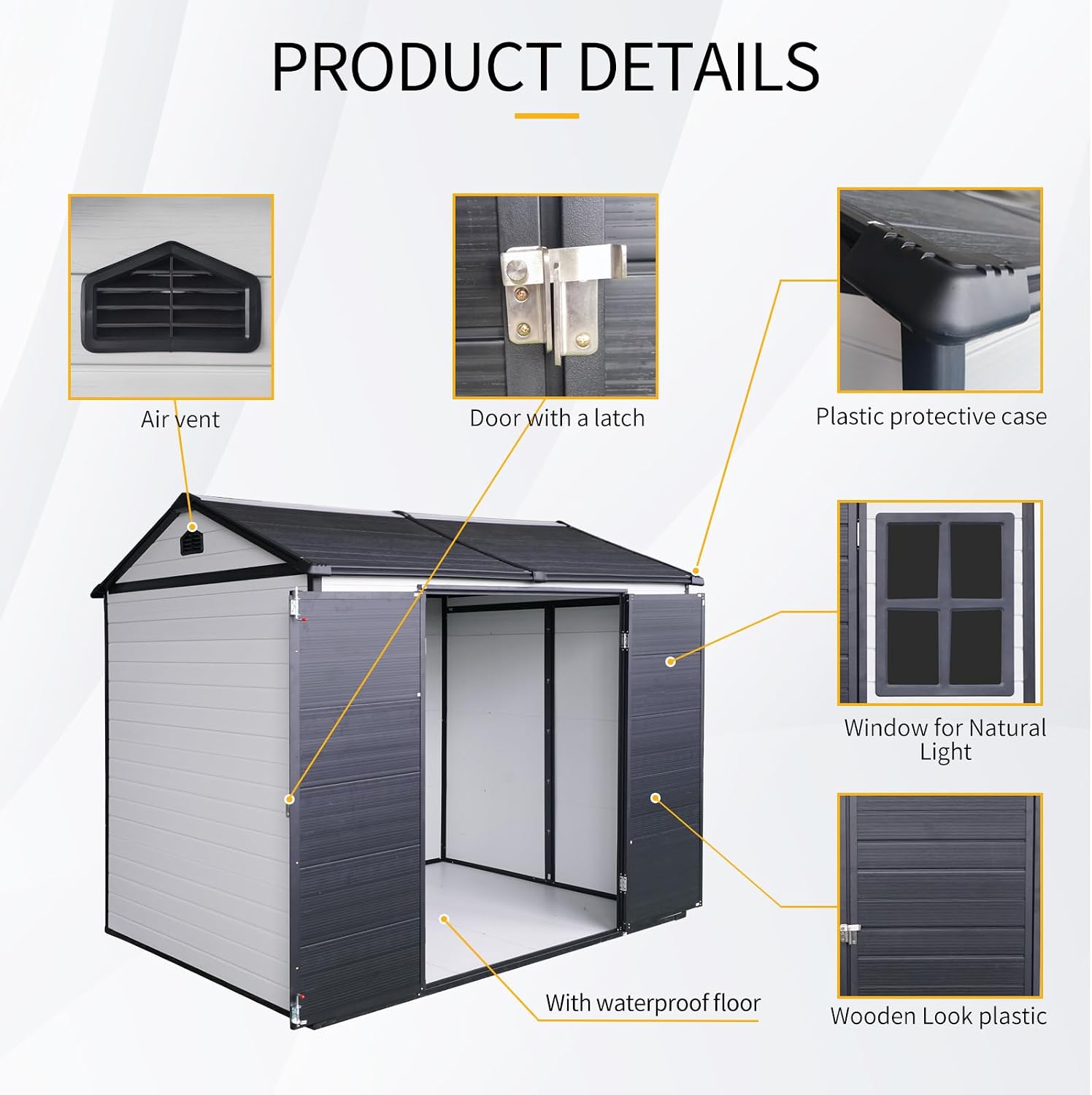 8x6FT Storage-Shed Outdoor-Resin with-Floor - Tool Shed Waterproof with Lockable Door 2 Windows for Backyard Garden Patio Lawn