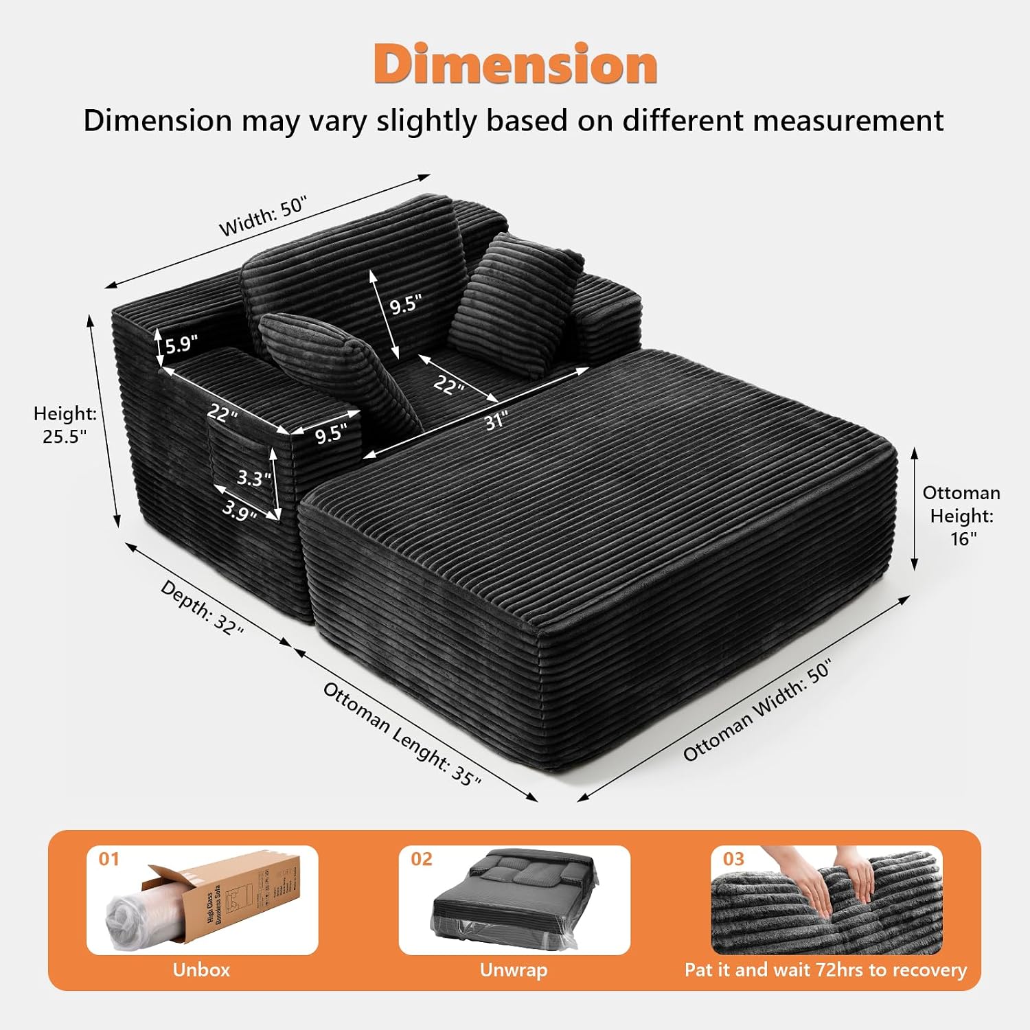 67' Oversized Chaise Lounge Chair Indoor with Ottoman and Double Side Pockets, Corduroy Deep Seat Couch, Boneless Couches for Living Room, No Assembly, Black