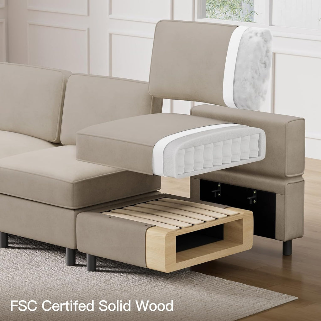 Belffin 88.6' Modular Sectional Sofa,Couch with Deep Seat,Convertible 6 Seat Sleeper Sofa Couch with Movable Storage Ottoman Chaise,Comfy Upholstered Sectional Couches for Living Room,Grey Velvet