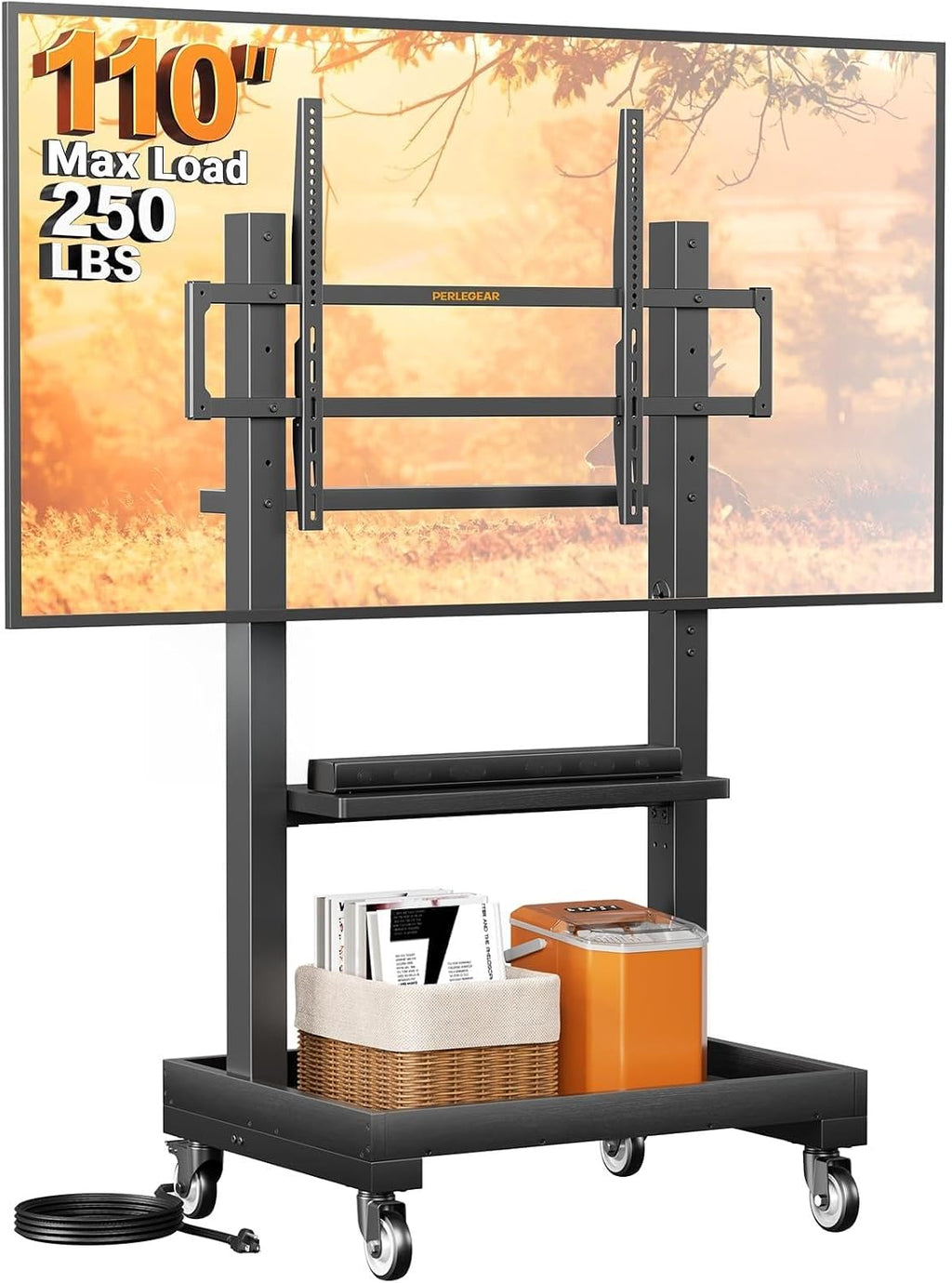 Perlegear Rolling TV Stand for 32'-110' TVs up to 250 lbs, Outdoor TV Stand with Large Wheels, Handle & Power Outlet, Height Adjustable Mobile TV Cart with Wood Shelf, Max VESA 800x600mm, PGTVMC24B