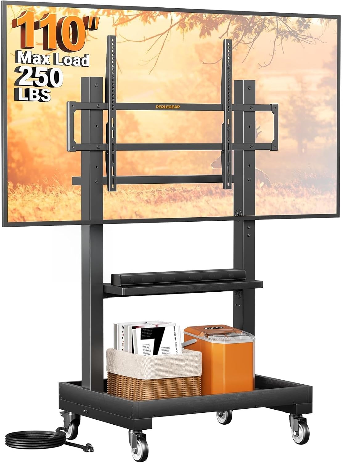 Perlegear Rolling TV Stand for 32'-110' TVs up to 250 lbs, Outdoor TV Stand with Large Wheels, Handle & Power Outlet, Height Adjustable Mobile TV Cart with Wood Shelf, Max VESA 800x600mm, PGTVMC24B