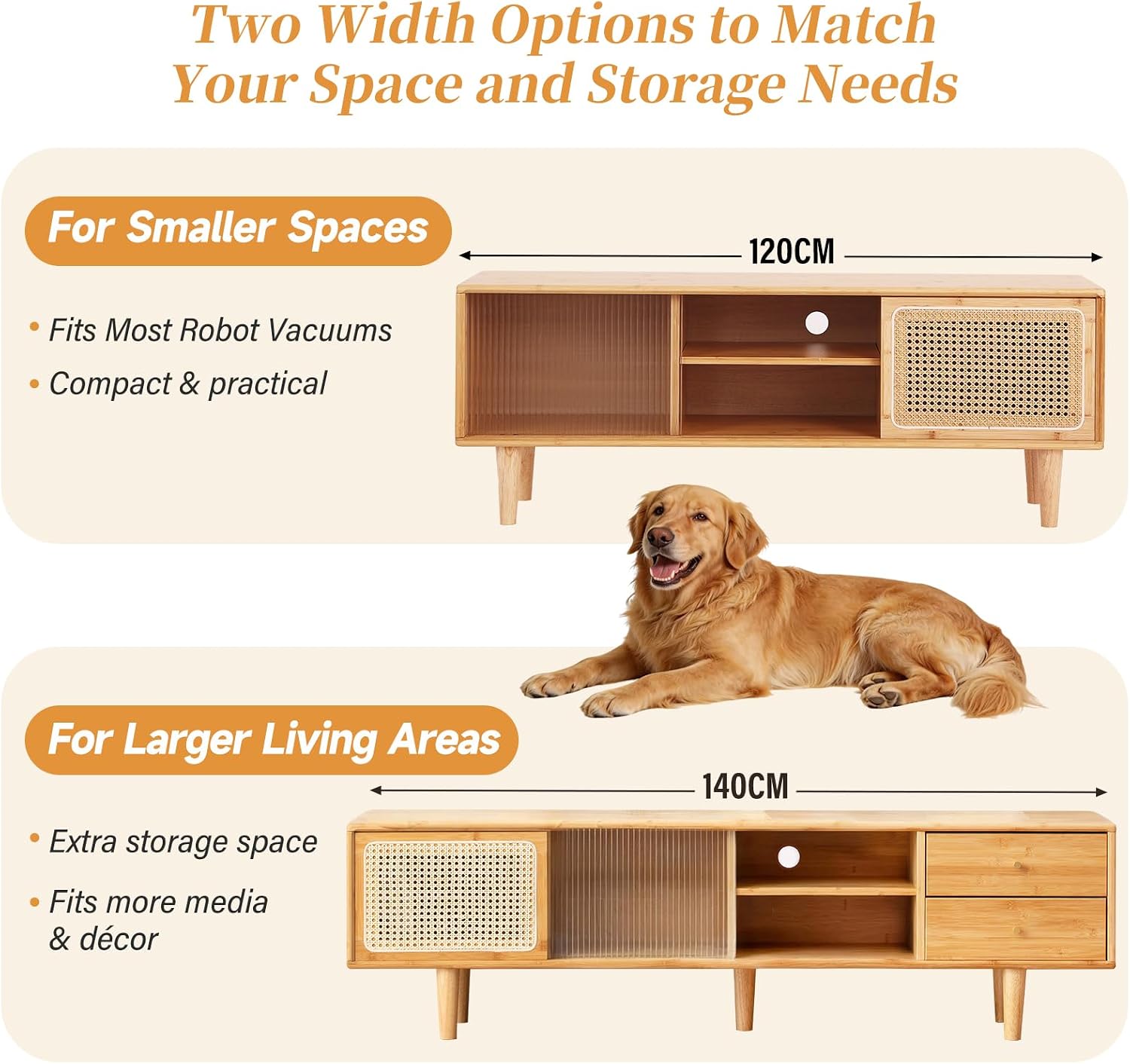 Tiita Rattan TV Stand for 55 Inch TV, Bamboo TV Cabinet with Adjustable Shelf and Storage, Boho Entertainment Center, Mid Century Modern Media Console for Bedroom, Living Room, Study (Natural)