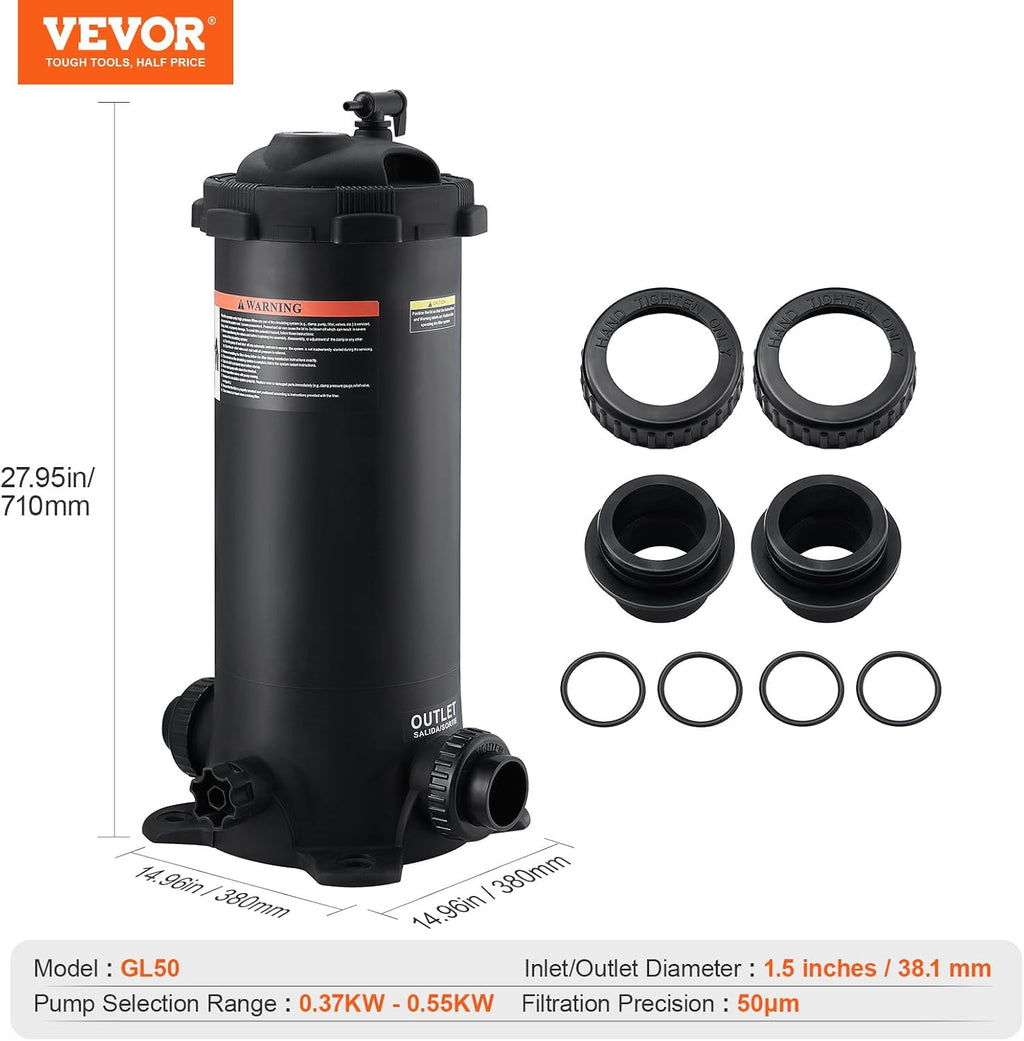 VEVOR 2026 Pro Pool Cartridge Filter Tank & Element for Above Ground & Inground Pools, Large 50Sq. Ft Cleaner System Compatible W/Pumps 1/3 to 1 HP| Up to 2483 GPH |for Pools Up to 19866 Gallons