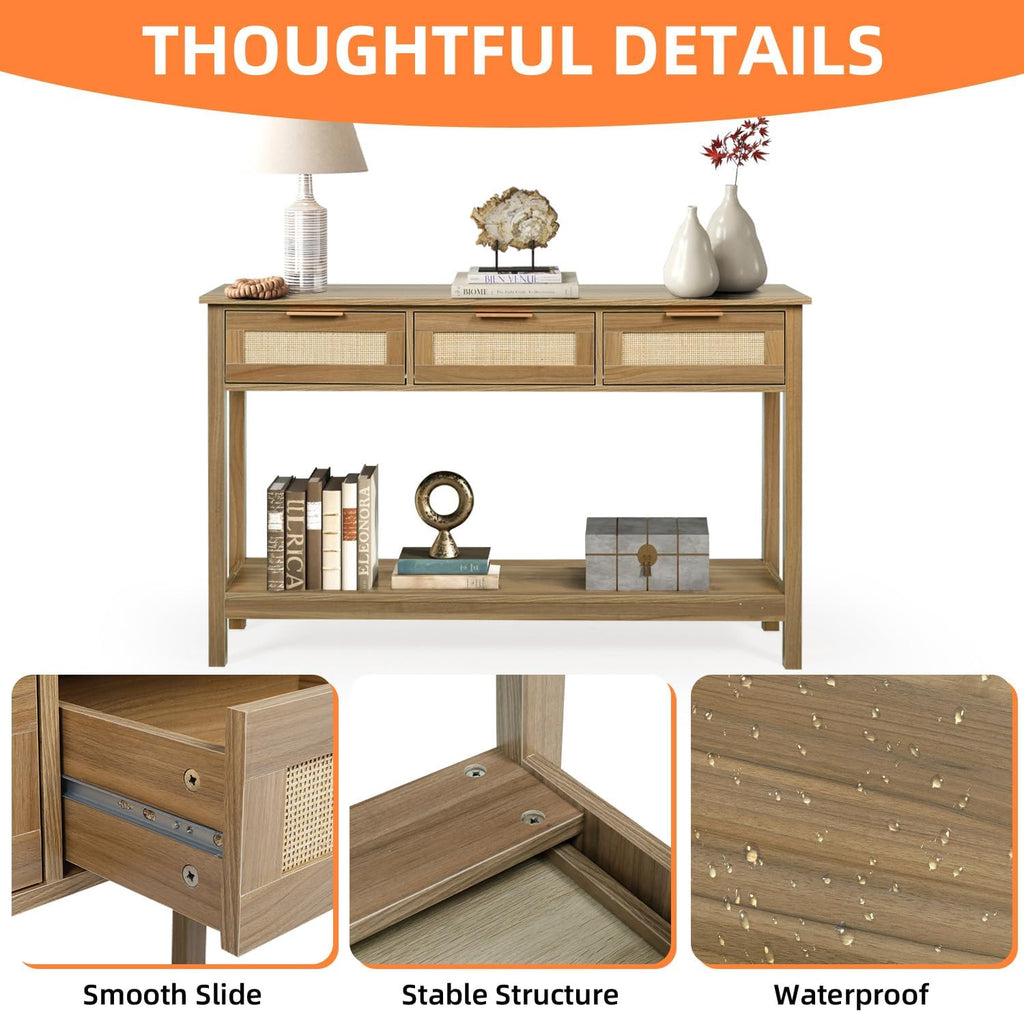 LAZZO Rattan Console Table Boho Entryway Table Narrow Long Sofa Table Hallway Foyer Table Behind Couch Table with 3 Drawers and Open Storage Shelf for Living Room and Corridor Brown