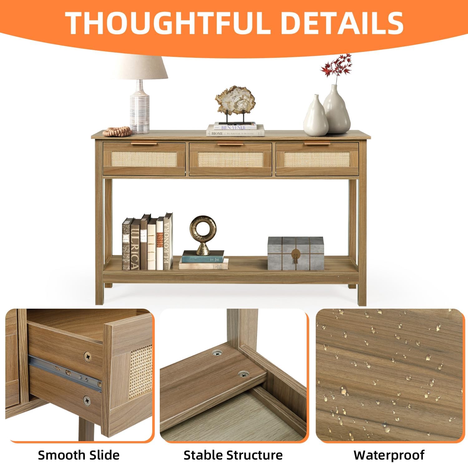 LAZZO Rattan Console Table Boho Entryway Table Narrow Long Sofa Table Hallway Foyer Table Behind Couch Table with 3 Drawers and Open Storage Shelf for Living Room and Corridor Brown