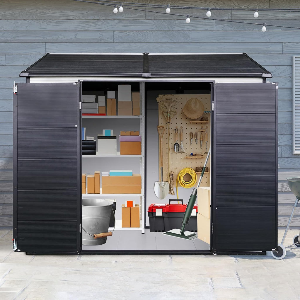8x6FT Storage-Shed Outdoor-Resin with-Floor - Tool Shed Waterproof with Lockable Door 2 Windows for Backyard Garden Patio Lawn