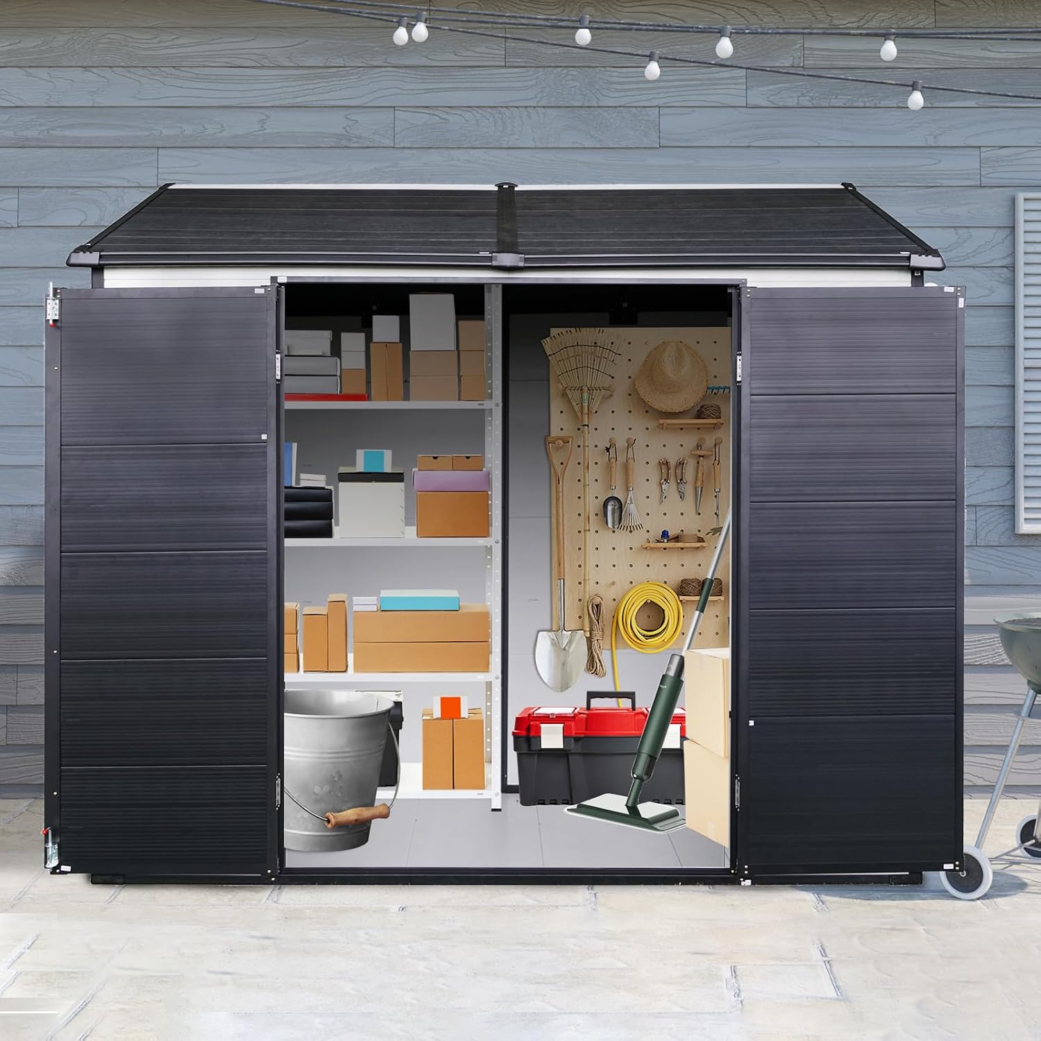 8x6FT Storage-Shed Outdoor-Resin with-Floor - Tool Shed Waterproof with Lockable Door 2 Windows for Backyard Garden Patio Lawn