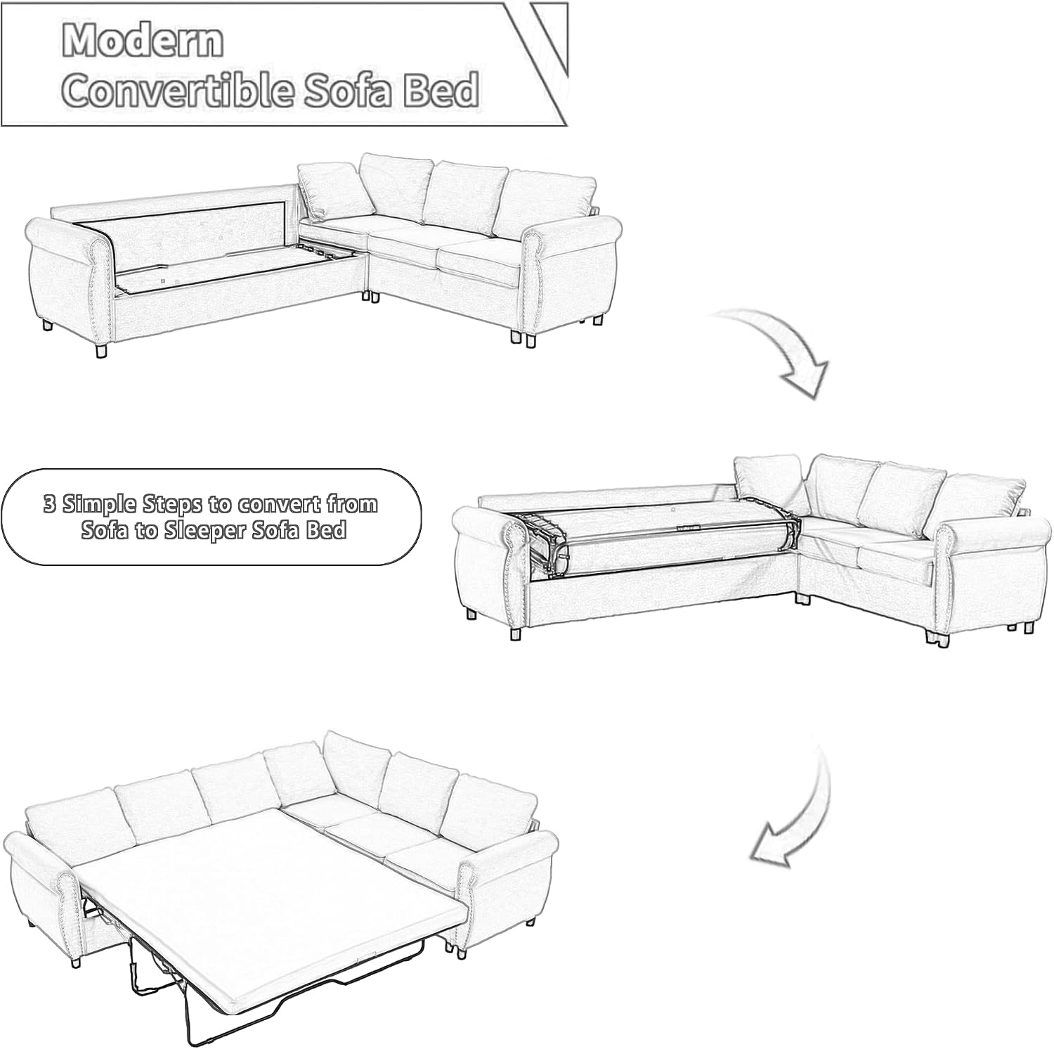 104'' Sleeper Sofa Bed Queen, L Shaped Sectional Sofa with Pull Out Couch Bed, Queen Size 6 Seater Couch with Memory Foam Mattress, Sectional Couches for Living Room Furniture Set, Beige