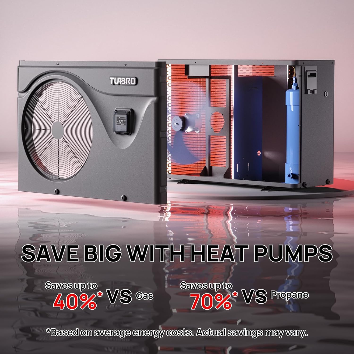 TURBRO 50,000 BTU Inverter Swimming Pool Heat Pump, Up to 15,000 Gallons, Electric Pool Heater for in and Above-Ground Pools, WiFi Enabled, 15.90 COP, 220-240 V, IPX4-Waterproof, Beluga B50V