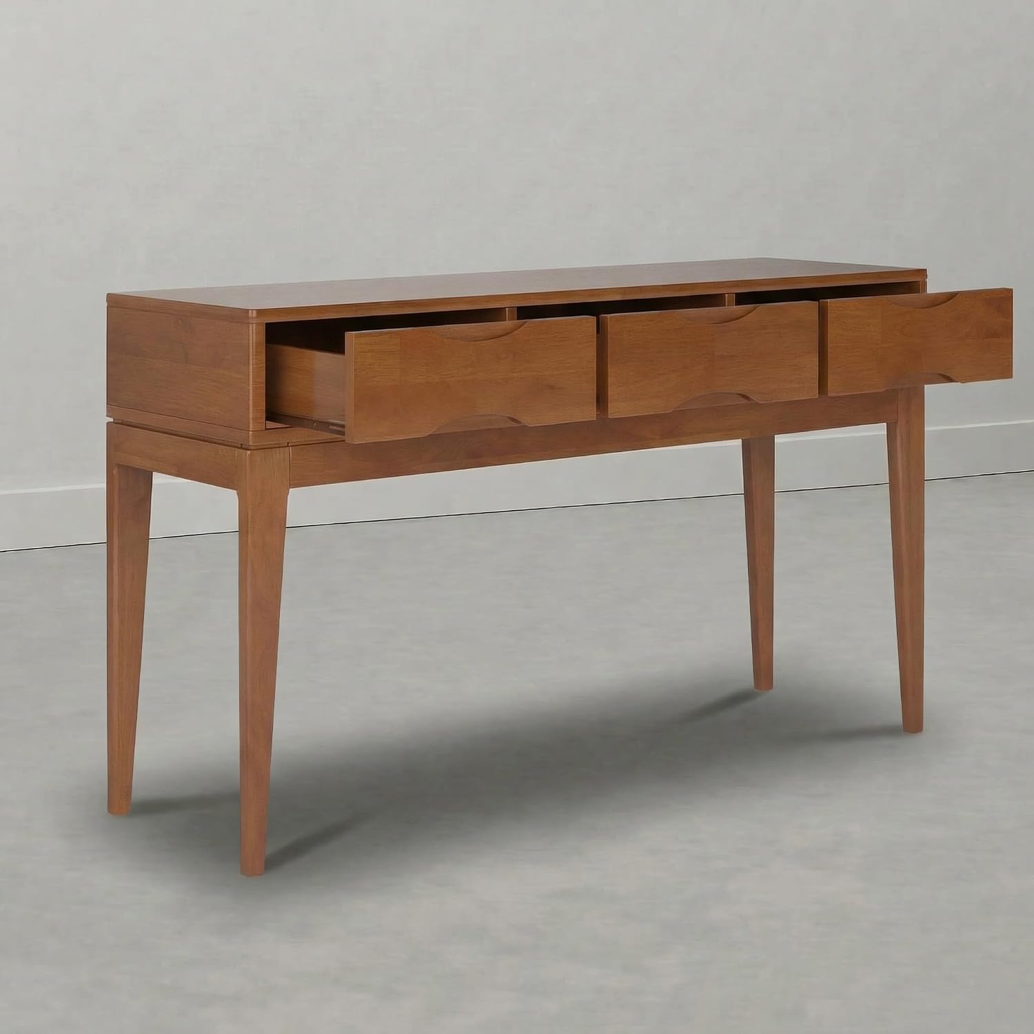 SIMPLIHOME Harper Console Table - 54 Inch Wide Solid Wood Sofa Table in Tawny Brown Teak, Mid-Century Modern Storage Table for Entryway or Living Room with 3 Drawers, Notched Handles, and Tapered Legs