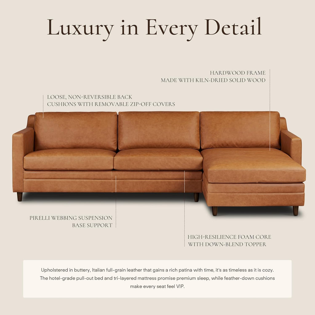 Poly & BARK Harper Right-Facing Leather Sleeper Sectional Sofa Cognac Tan– Full-Grain Aniline Leather, Sculptural Silhouette, Walnut-Finished Legs – Modern Statement Sofa for Living Spaces
