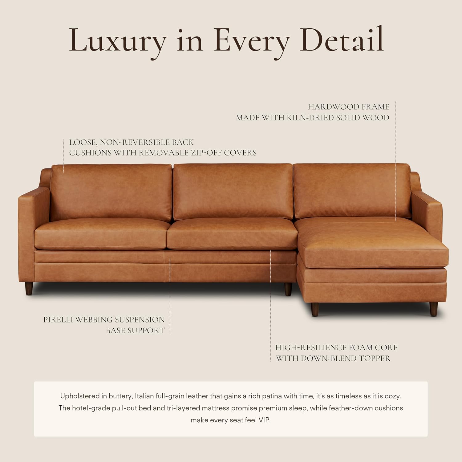 Poly & BARK Harper Right-Facing Leather Sleeper Sectional Sofa Cognac Tan– Full-Grain Aniline Leather, Sculptural Silhouette, Walnut-Finished Legs – Modern Statement Sofa for Living Spaces