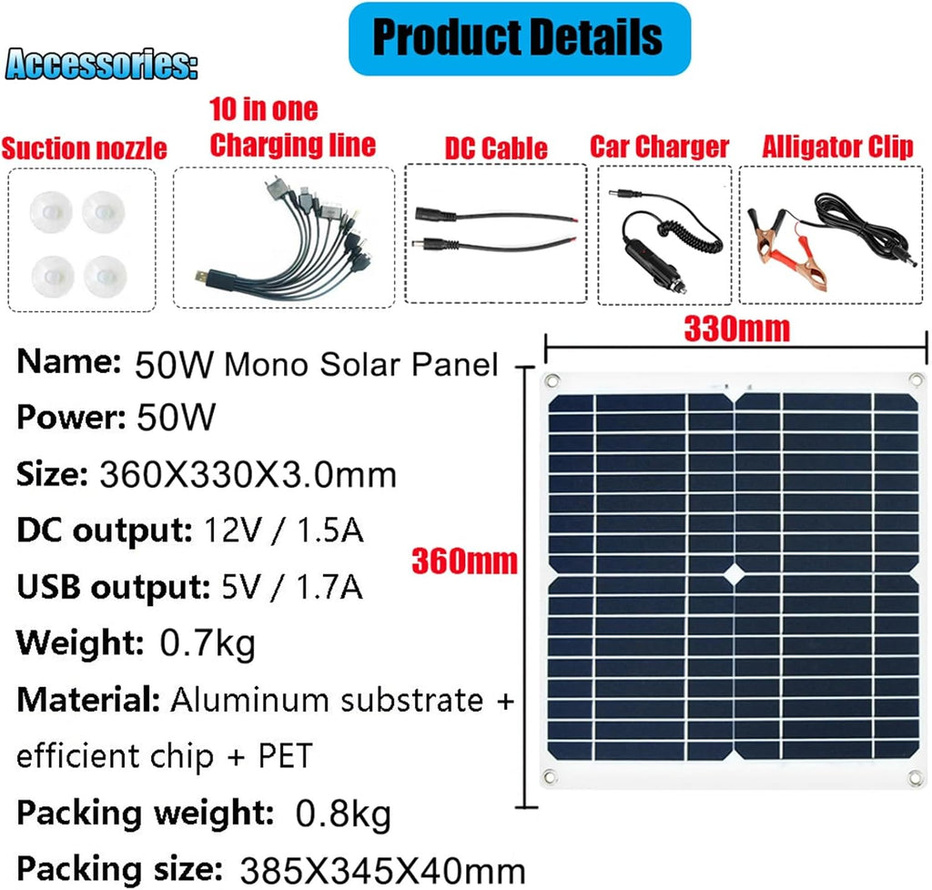 50W 12V Solar Panel Kit with 3000W Inverter, 50A Charge Controller, Off-Grid Solar Generator for Home, RV & Camping - 12V to 110V/220V (Black)