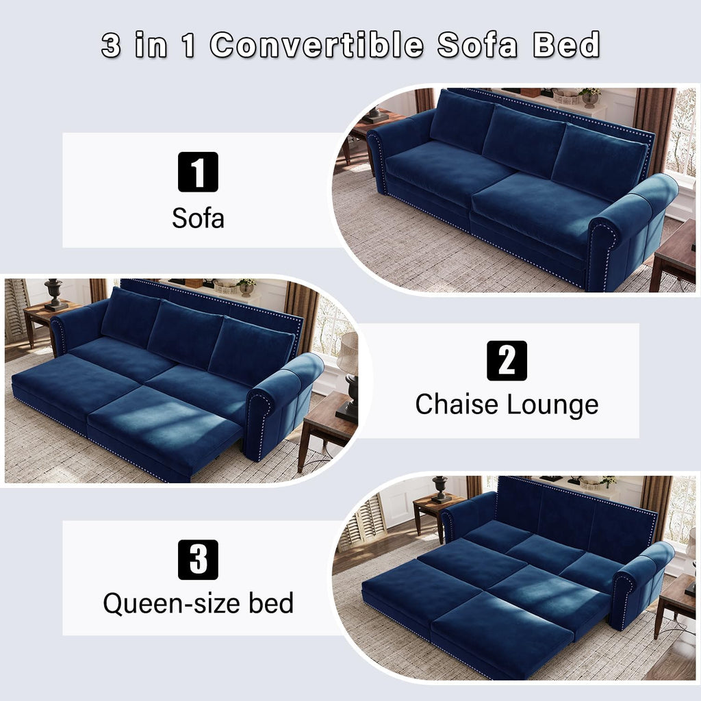 93.7' King Size Sofa Sleeper with Pull Out Bed, 3 in 1 Convertible Sleeper Sofa Bed, Velvet Folding Loveseat 3-Seater Couch with Deep Seat, Nailhead Trim & Rolled Arm for Living Room (Blue)