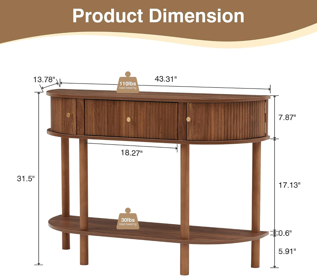 XUZENEST 43.3' Fluted Half Moon Console Table, Modern Entryway Console Sofa Table with Storage, Narrow Wood Accent Tables Behind Couch Tables for Living Room, Hallway, Foyer(Walnut)