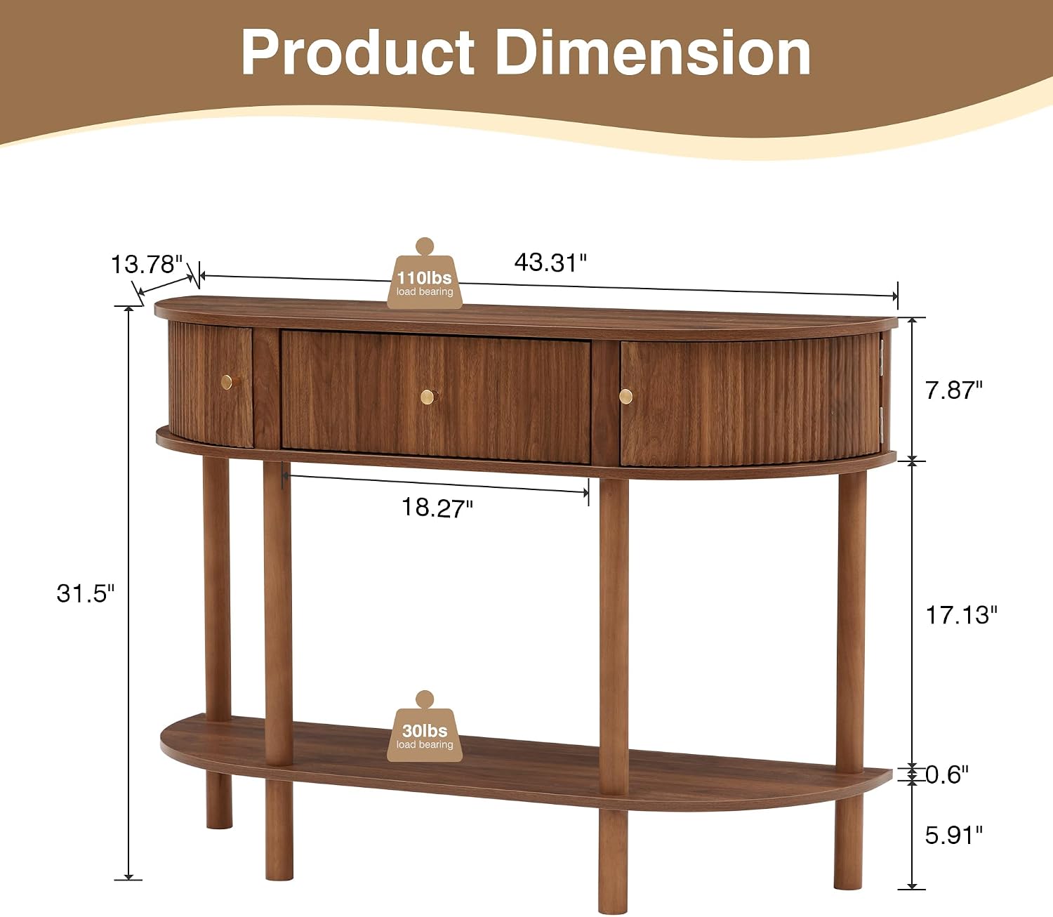 XUZENEST 43.3' Fluted Half Moon Console Table, Modern Entryway Console Sofa Table with Storage, Narrow Wood Accent Tables Behind Couch Tables for Living Room, Hallway, Foyer(Walnut)