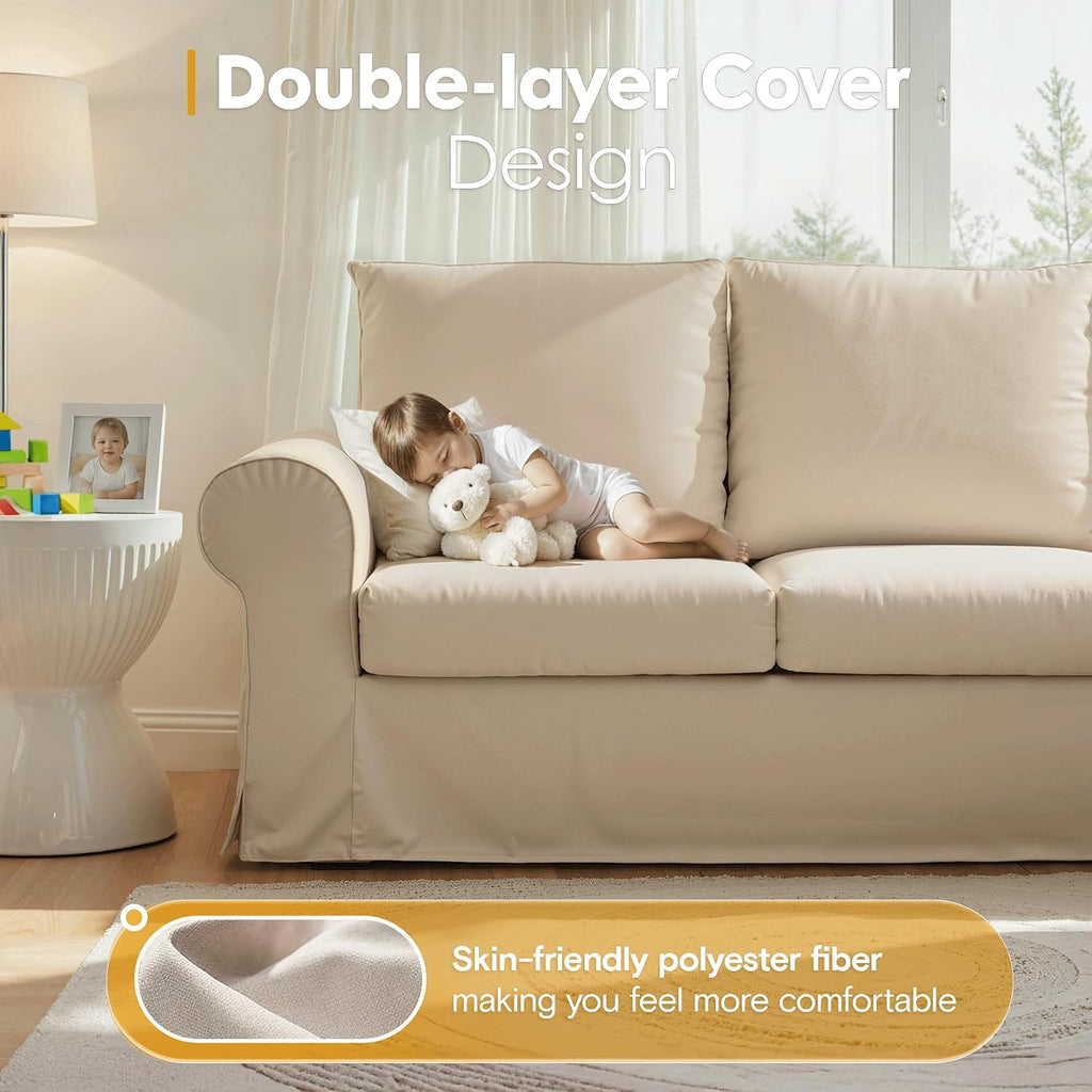 89' 3-Seater Couch for Living Room, Slipcovered Sofa, Beige Couches with Washable Cover, Supportive Cushions & Sturdy Frame, for Small Spaces, Apartment, Office, Easy Assembly