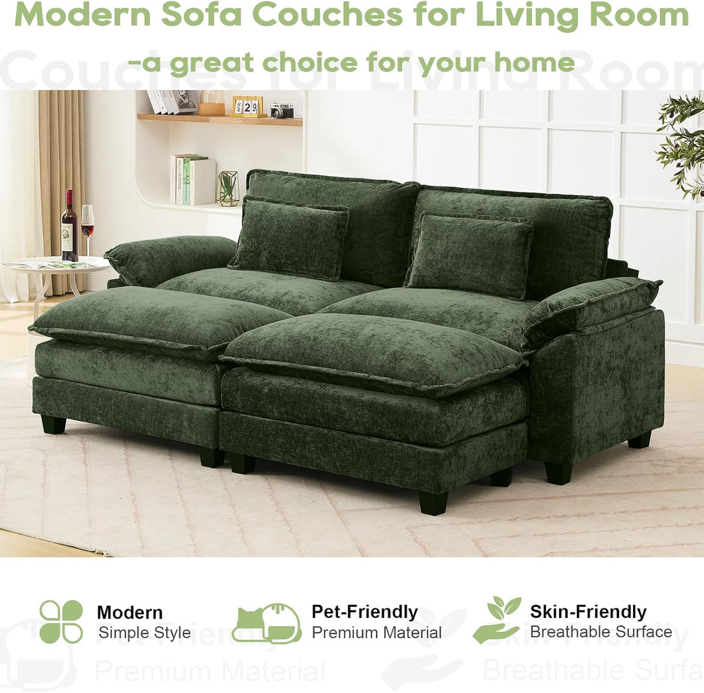 Oprisen 86' Modular Sectional Sofa, Comfy Cloud Couch Sectional Sofa with Ottoman, Chenille Sofa Sleeper Deep Seat Sofa with Throw Pillows for Living Room (Green)