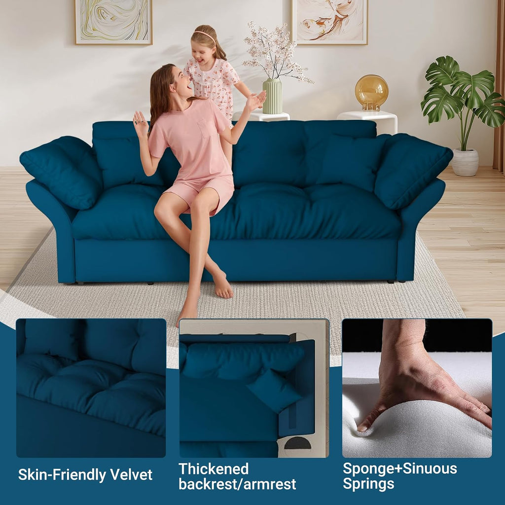 74.8' Queen Pull Out Sofa Bed, 3-in-1 Convertible Sleeper Sofa Bed, Velvet Small Loveseat for Small Spaces, Comfy Cloud Pullout Couches, Multi-Functional Couches for Living Room, Bedroom, Lounge(Blue)