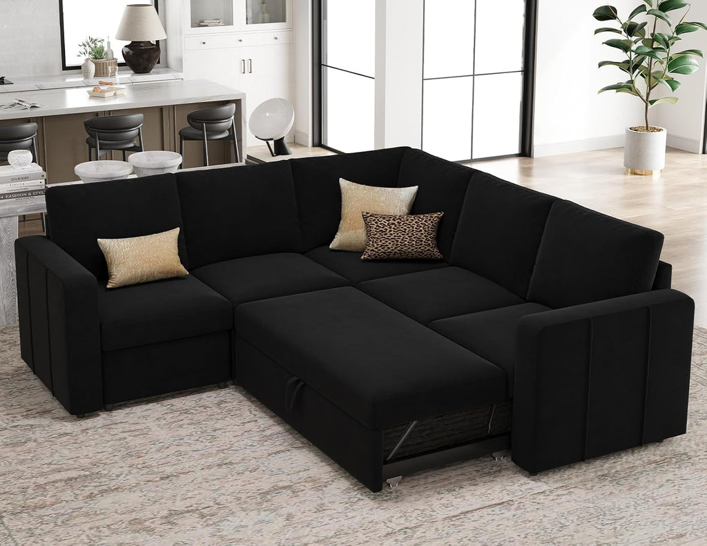 Belffin L Shape Modular Sectional Sleeper Sofa with Pull Out Bed Velvet Corner Sleeper Sofa Sectional Couch Convertible Sofa Black