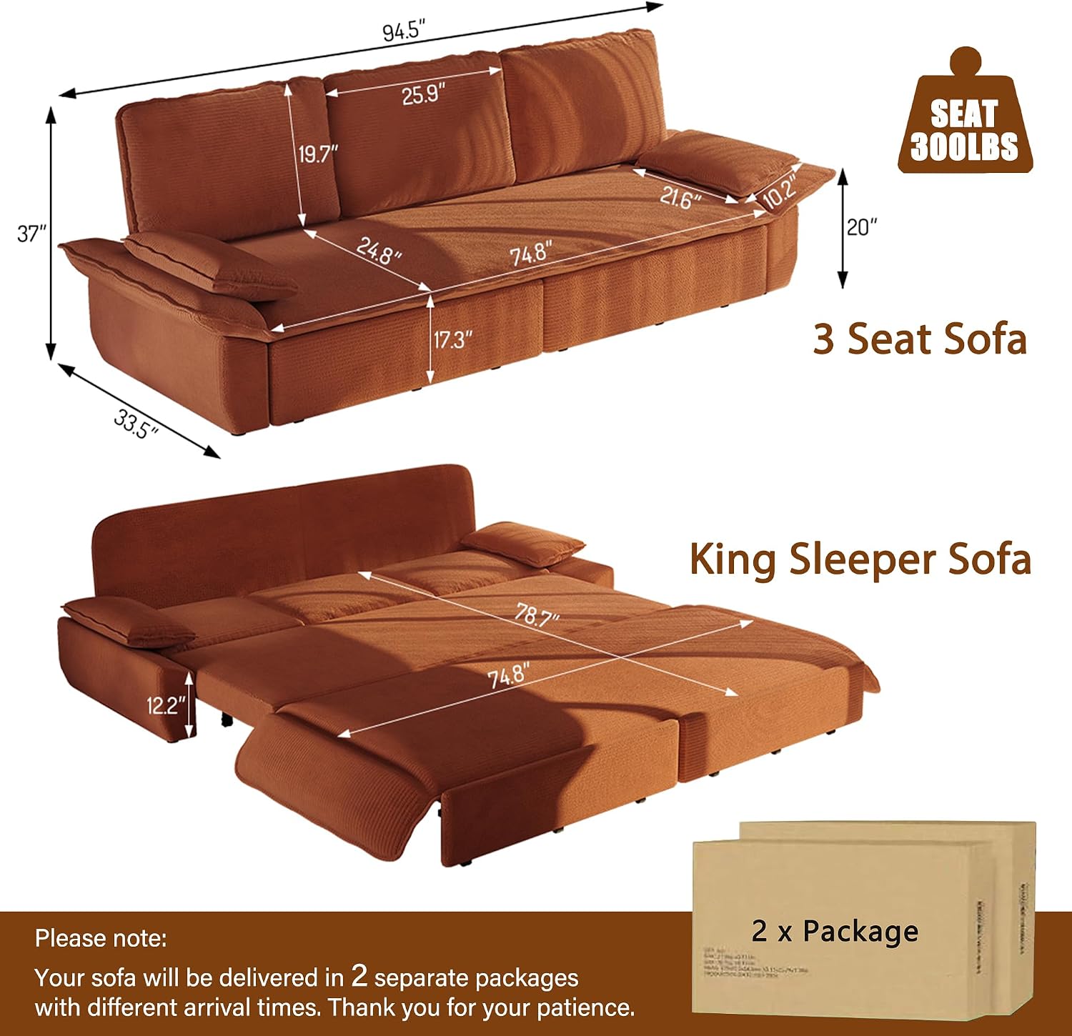 94.5' Pull Out Couch King Size, Futon Sofa Bed, 3-in-1 Convertible Sleeper Sofa Bed with Cushion Armrest, Modern Corduroy Loveseat Couches for Living Room, Small Space, Apartment, Orange