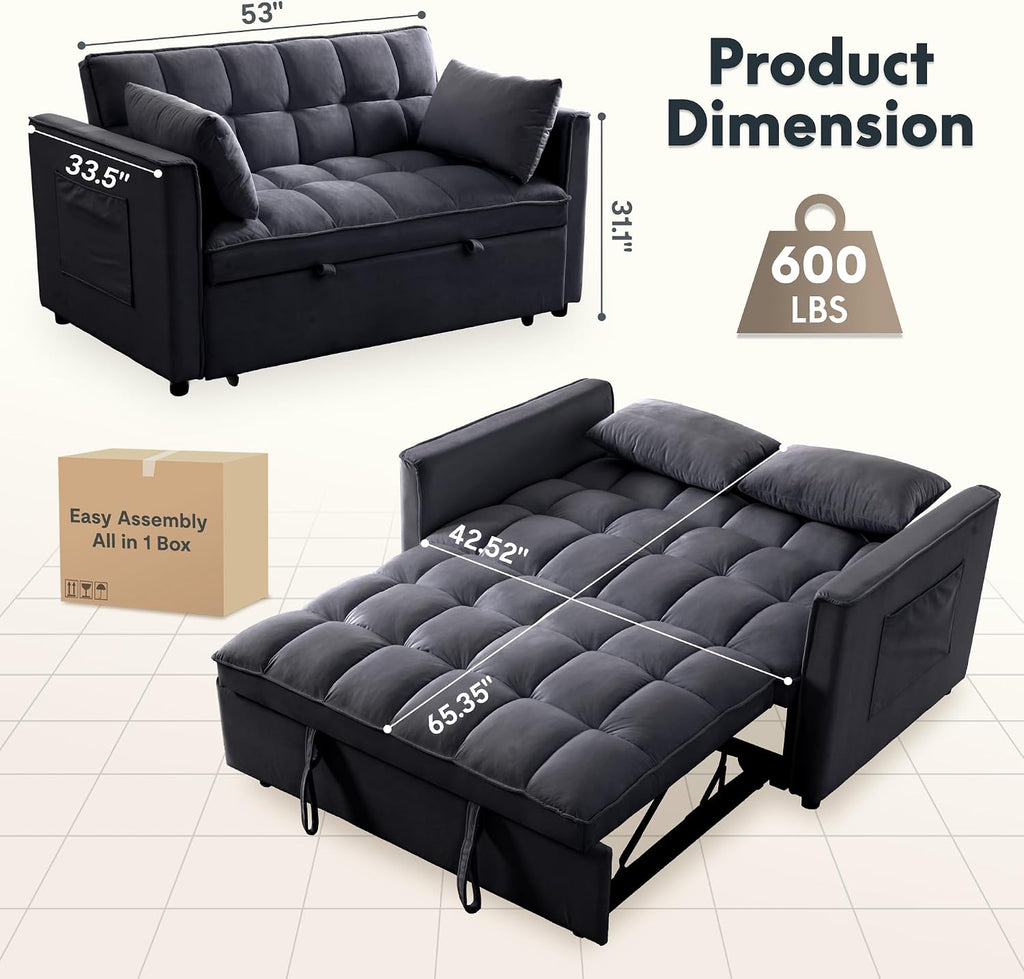 FLEXISPOT XCT4 Pull Out Couch, 3-in-1 Loveseat Sleeper Sofa Bed with Adjustable Backrest, Pillows, Side Pockets, Convertible Futon Sofa for Small Spaces, Apartment, Dorm, Guest Room, Black