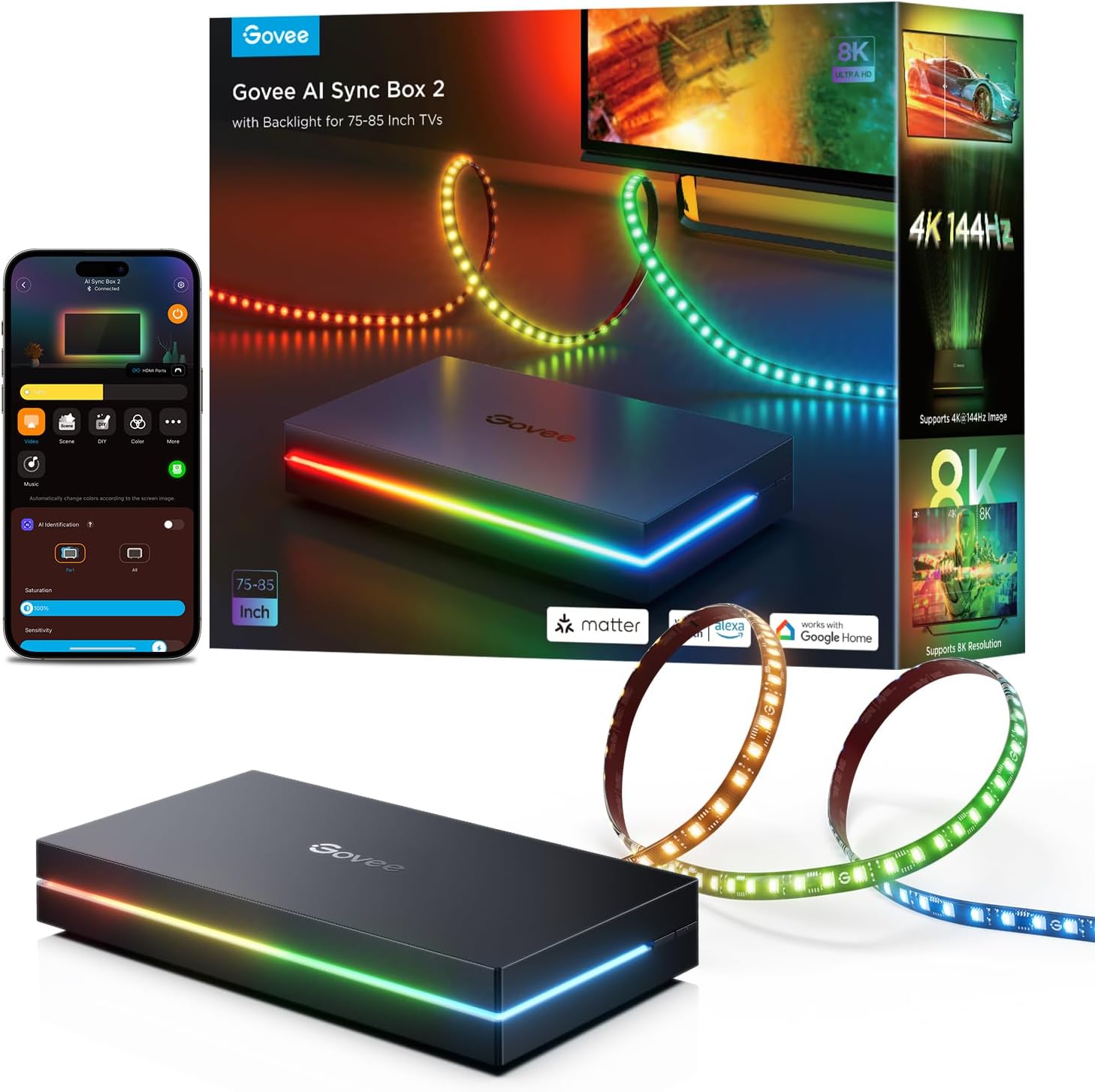 Govee HDMI 2.1 Sync Box 2, AI Sync Box with TV Backlight, Supports 8K@60Hz, 4K@144Hz, VRR and ALLM, Works with SmartThings, Matter and Alexa, RGBIC LED Light Strip for 75-85 inch TVs, 75 LEDs/m