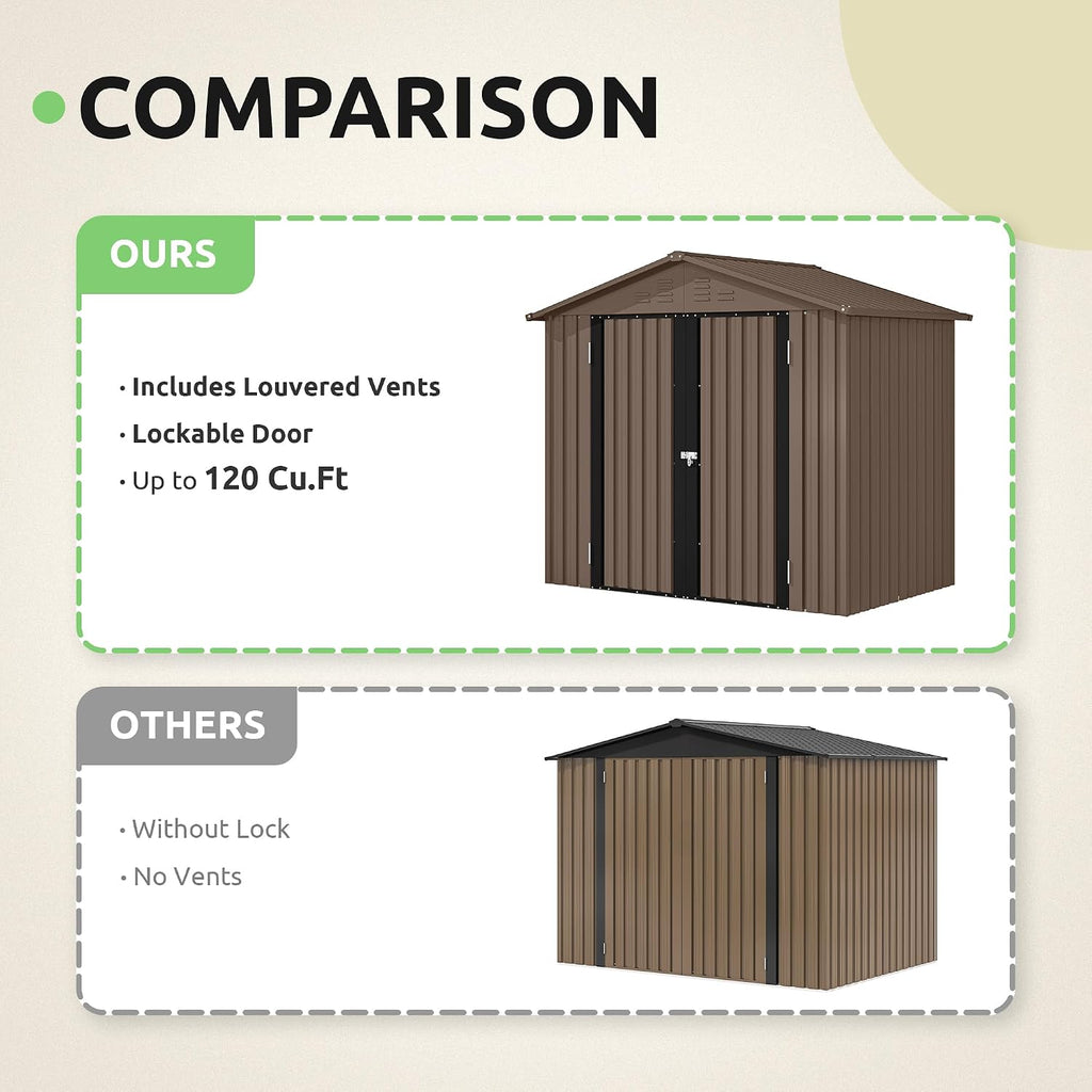 GOOBED 6x4FT Garden Storage Shed with Lockable Door and Vents, Metal Outdoor Tool Shed for Patio Lawn, and Backyard, Ideal for Storing Bikes, Trash Bins, Tools and Equipment, Brown