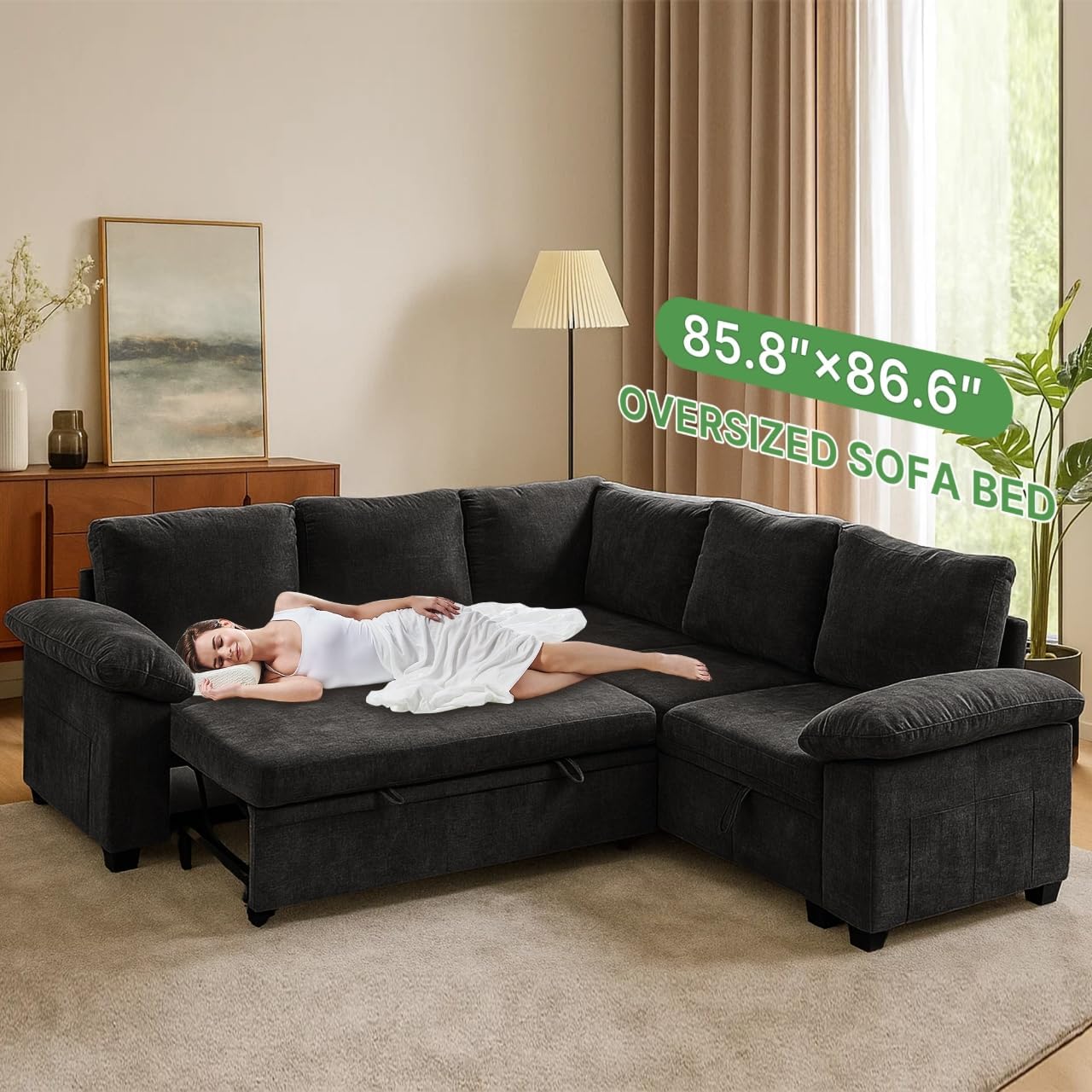 Modular Sectional Sofa with Pull Out Bed Sleeper Sofa L Shaped with Storage, Sectional Couch for Living Room Convertible Sofa Bed with Removable Sofa Cover(5 Seats Black)