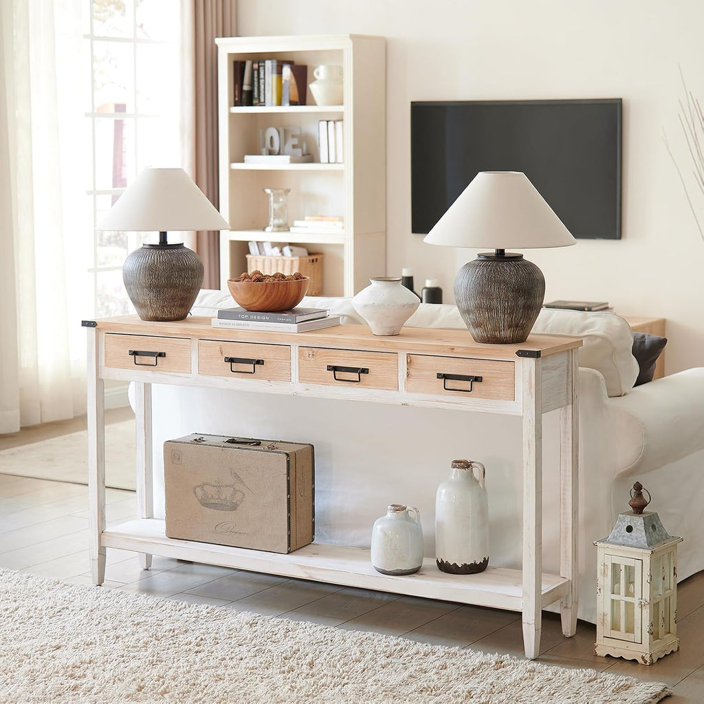 RUSTOWN Farmhouse Console Table with 4 Drawer, 60' Long Rustic Entryway Table with Open Storage Shelves and Handmade Metal Handle, Narrow Foyer Sofa Table for Living Room, Entryway, Hallway(White)