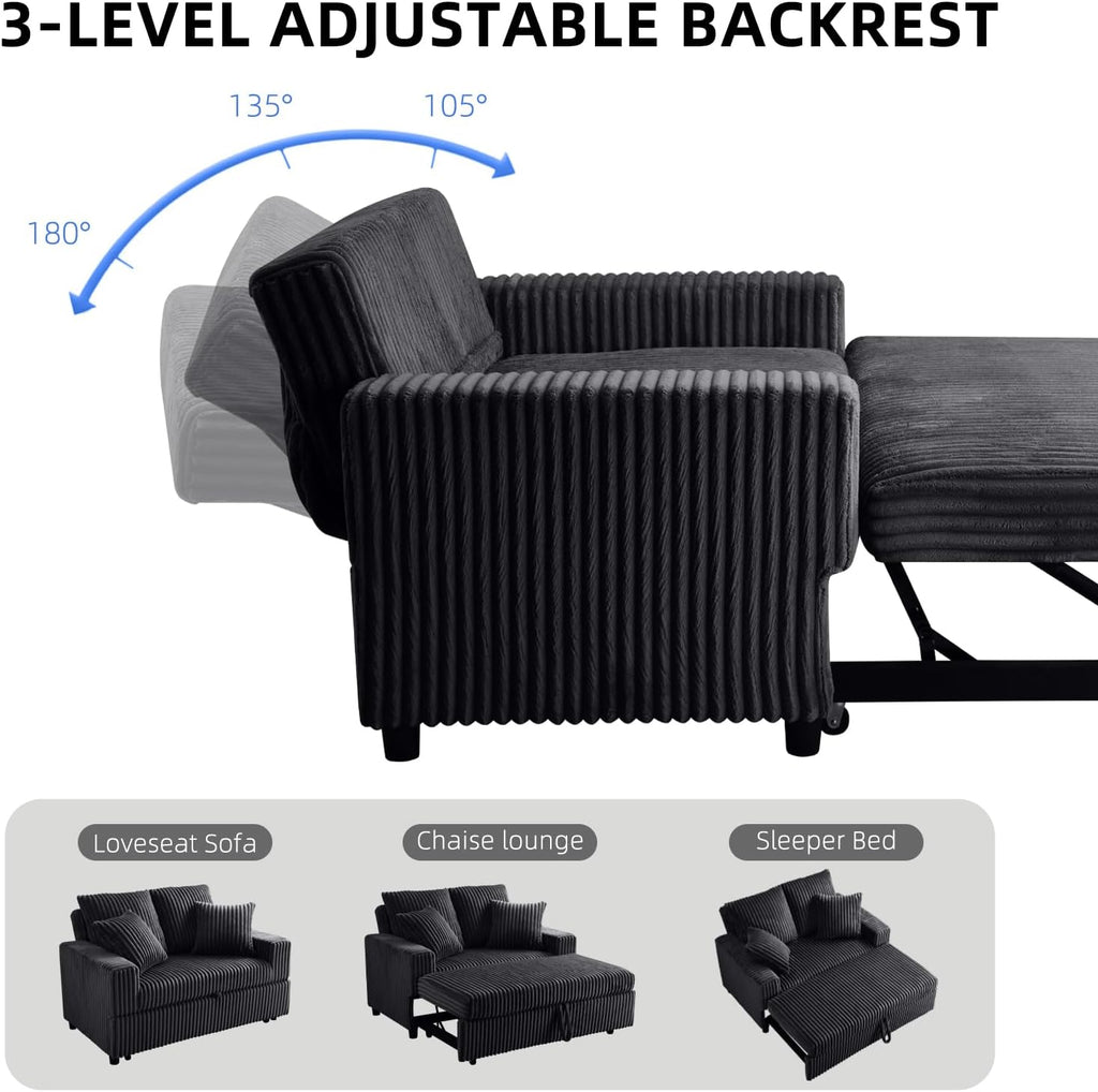 3 in 1 Convertible Sofa Bed，52.8' Pull Out Couch with Side Pockets，Modern Corduroy Fabric Loveseat Sleeper Sofa with Adjustable Backrest for Living Room Bedroom Apartment (Black Corduroy)