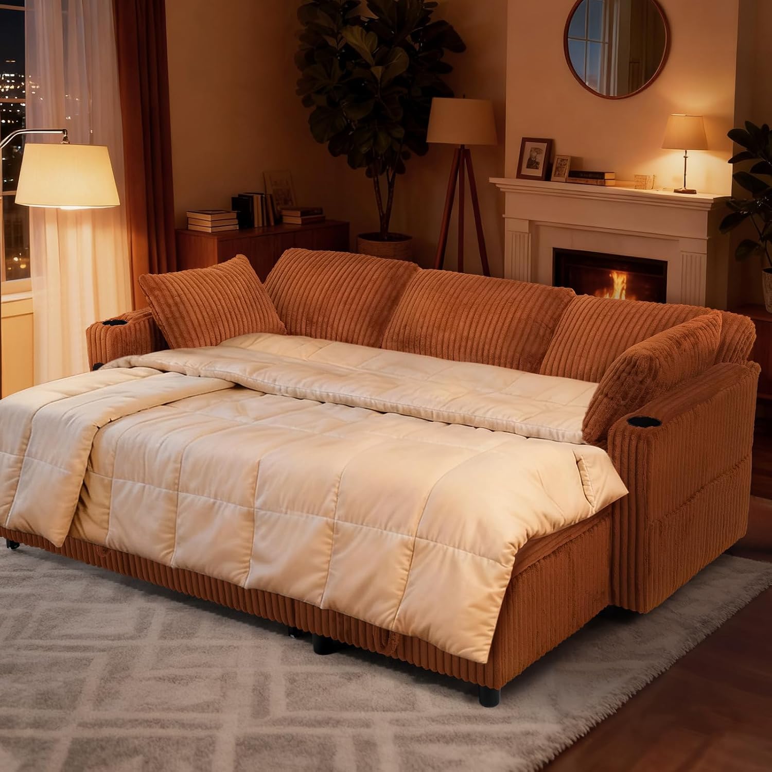 84' Corduroy Sectional Sleeper Sofa Bed w/Adjustable Backrests & USB Charging Port, L-Shape Couch Bed w/Storage Chaise, Convertible 3 Seater Sofa w/Cup Holders for Living Room, House, Orange